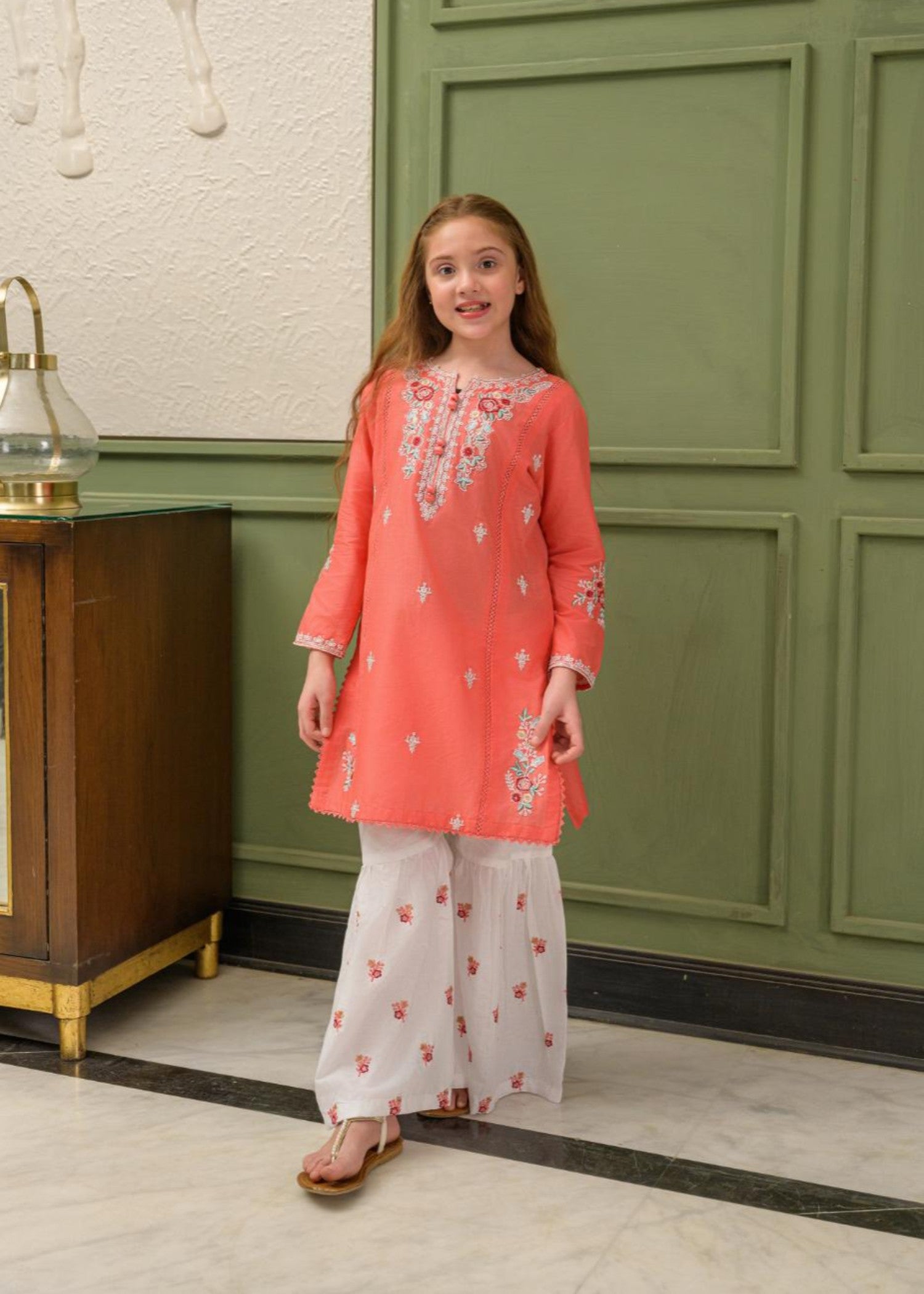 lawn Gharara in Coral pink