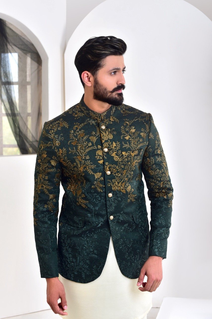 banarsi silk Prince Coat in Green