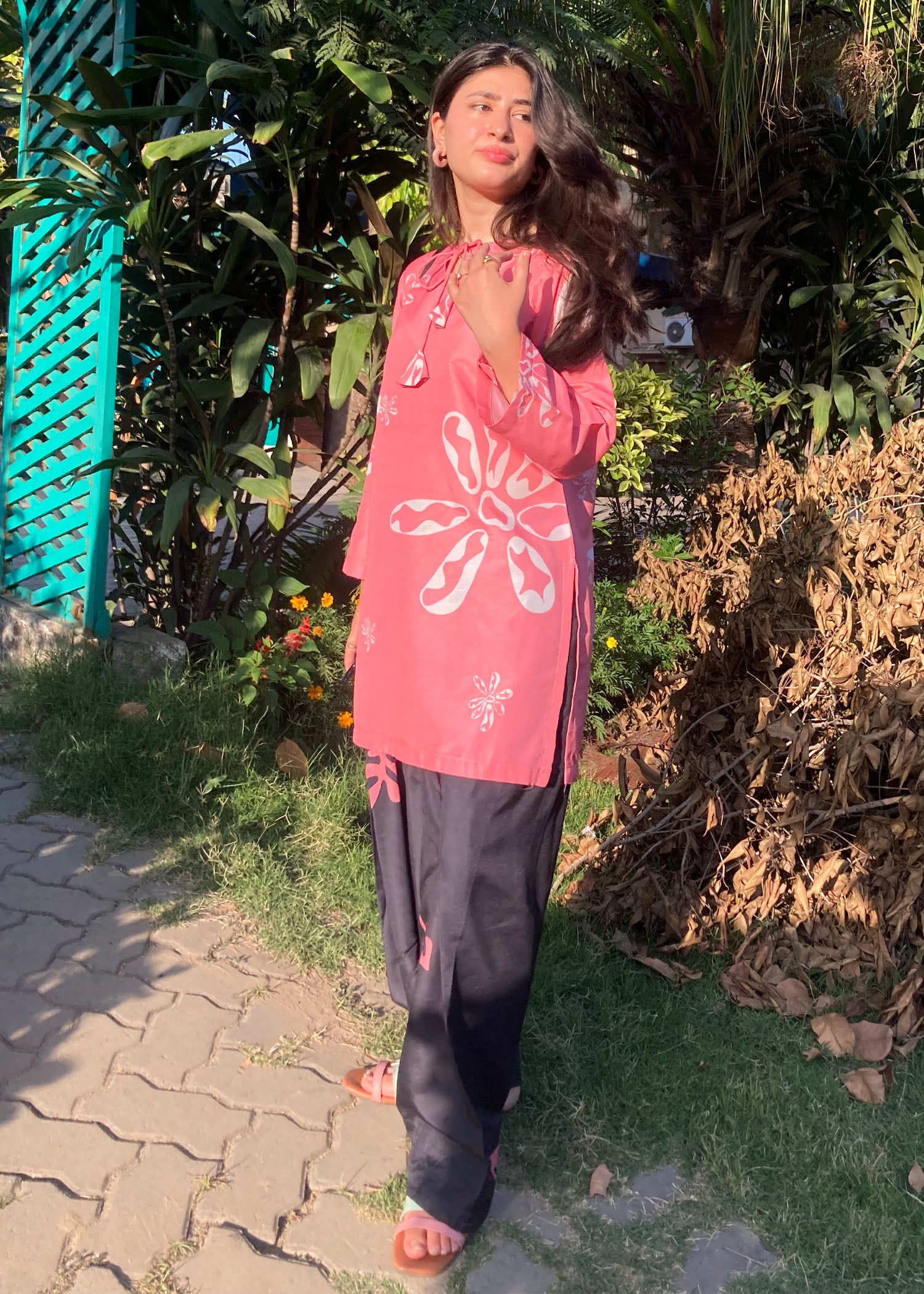 silk finish lawn Kurta Set in Hot pink