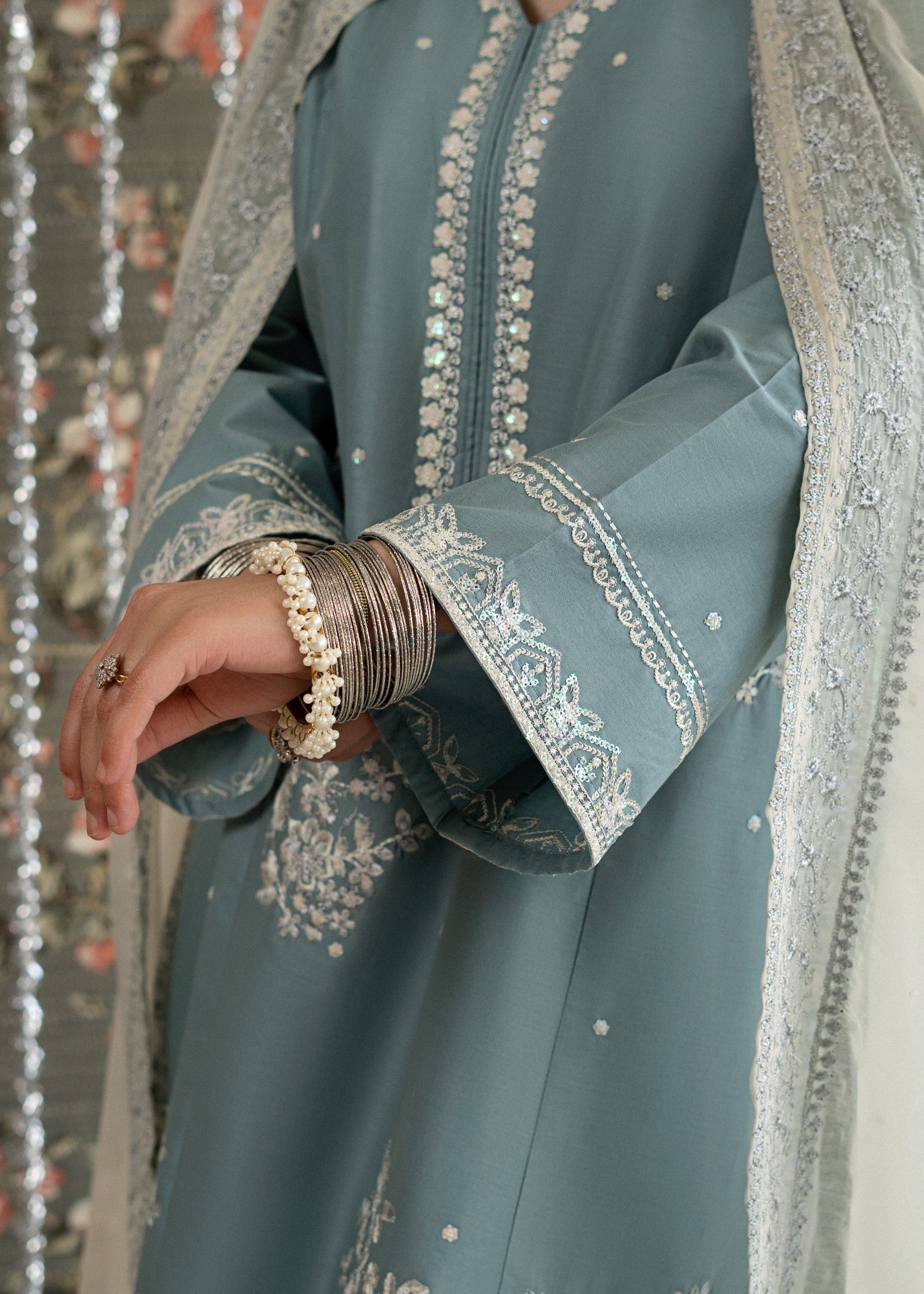 lawn Kurta Set in Off-white, light blue