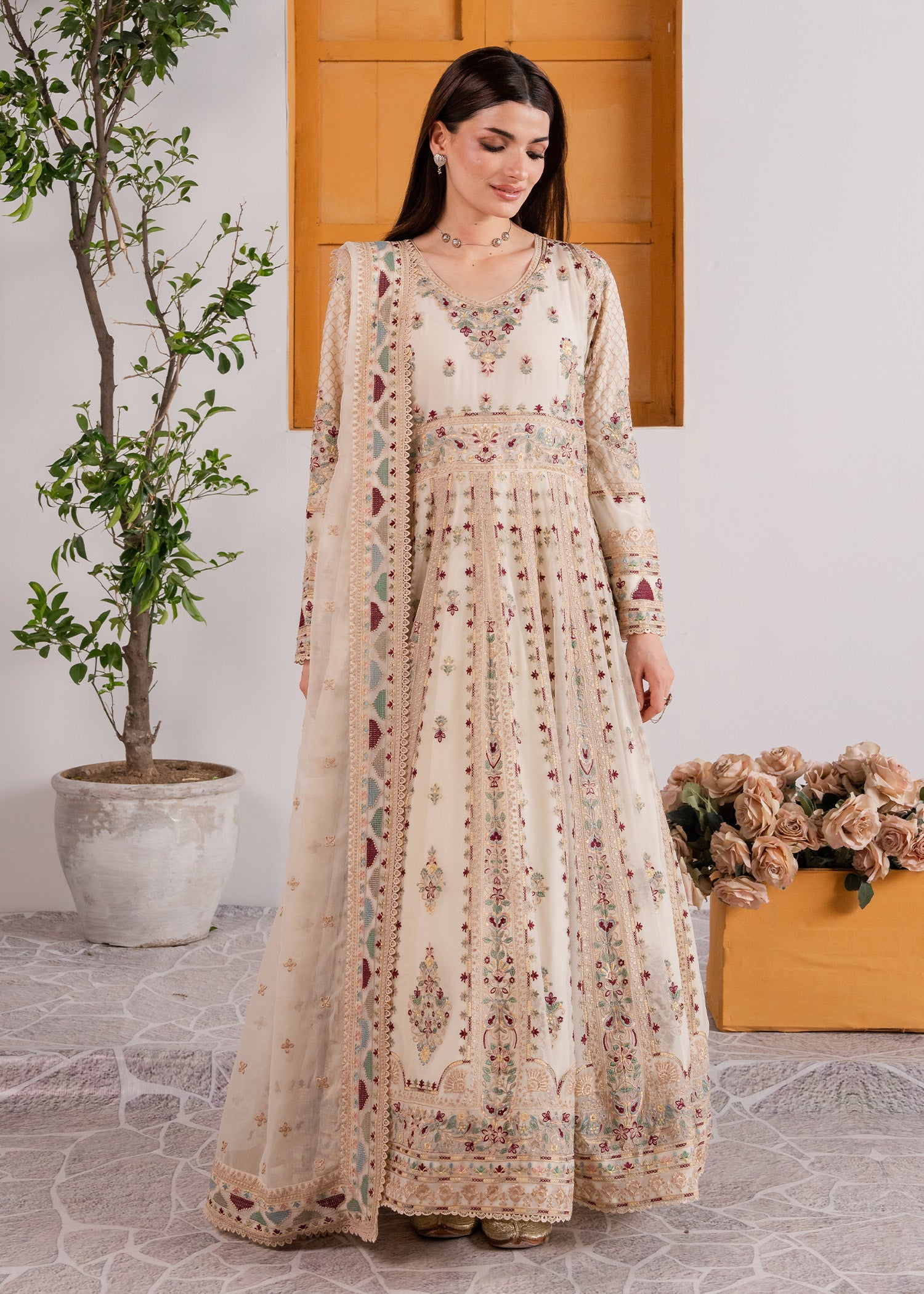 chiffon Anarkali in Off-white