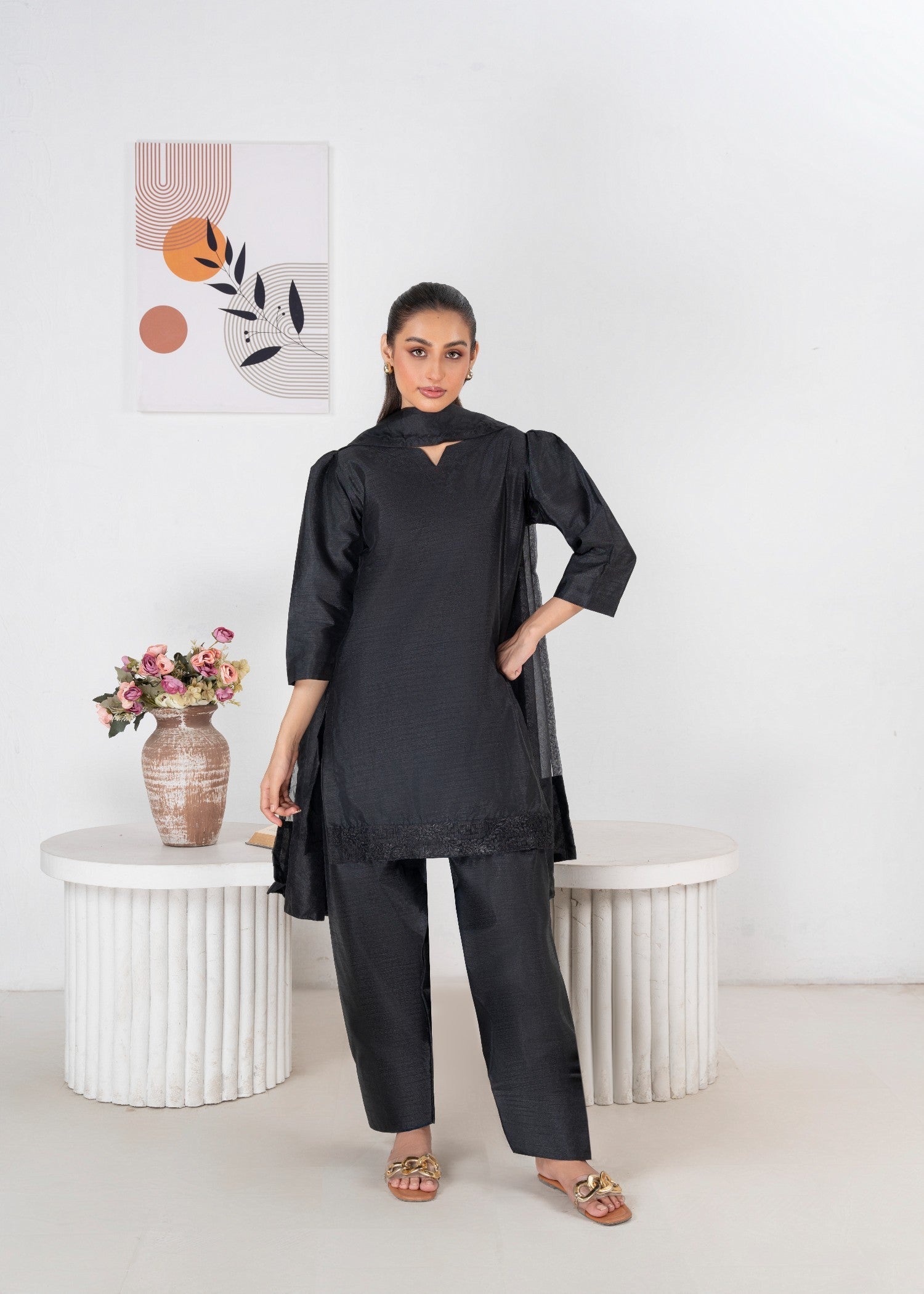 indian raw silk Kurta Set in Black