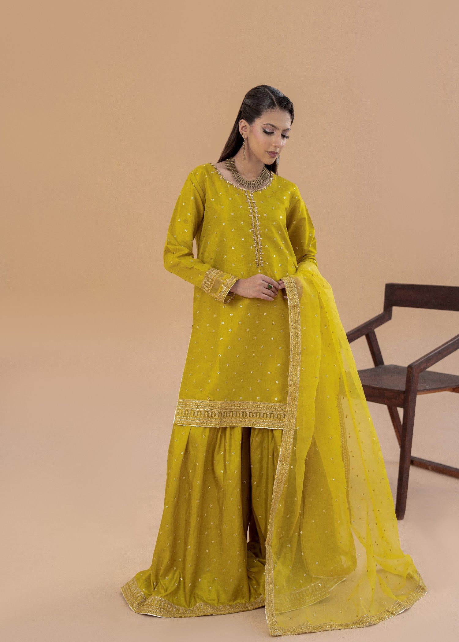 silk Gharara in Yellow green