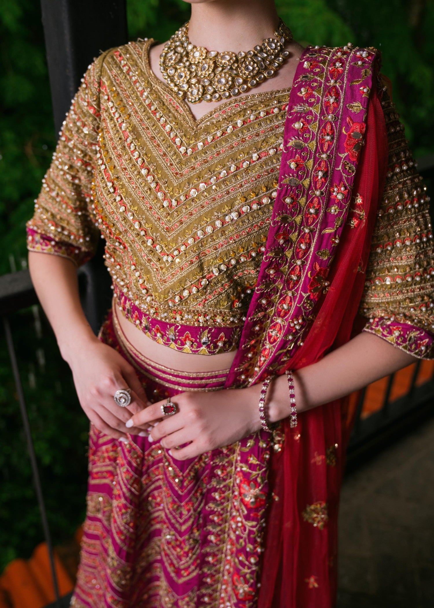 silk Lehenga in Red, plum, green