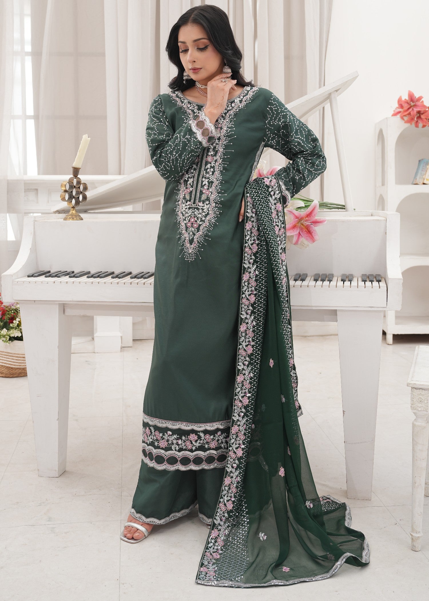 kattan silk Kurta Set in Bottle green