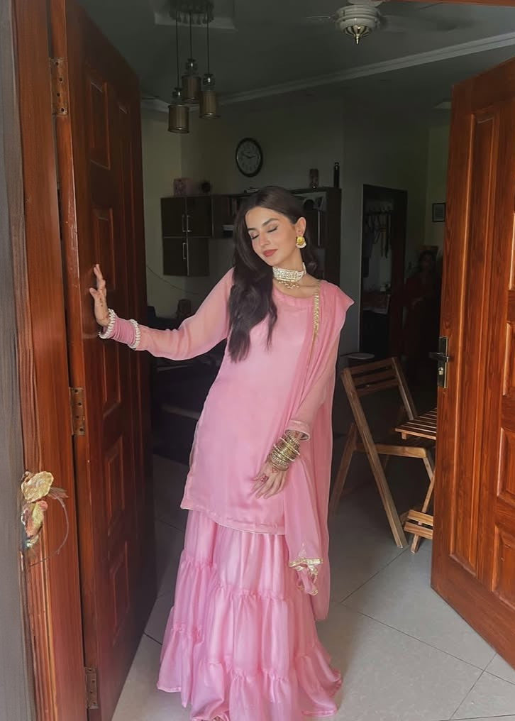 chiffon Gharara in Pastel pink