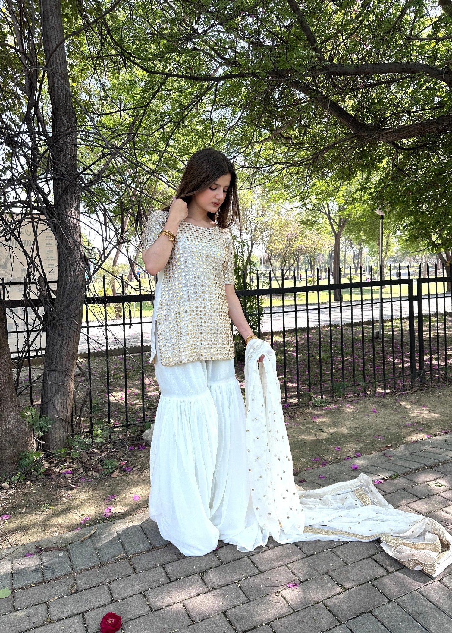 bemberg crinkle chiffon Gharara in White