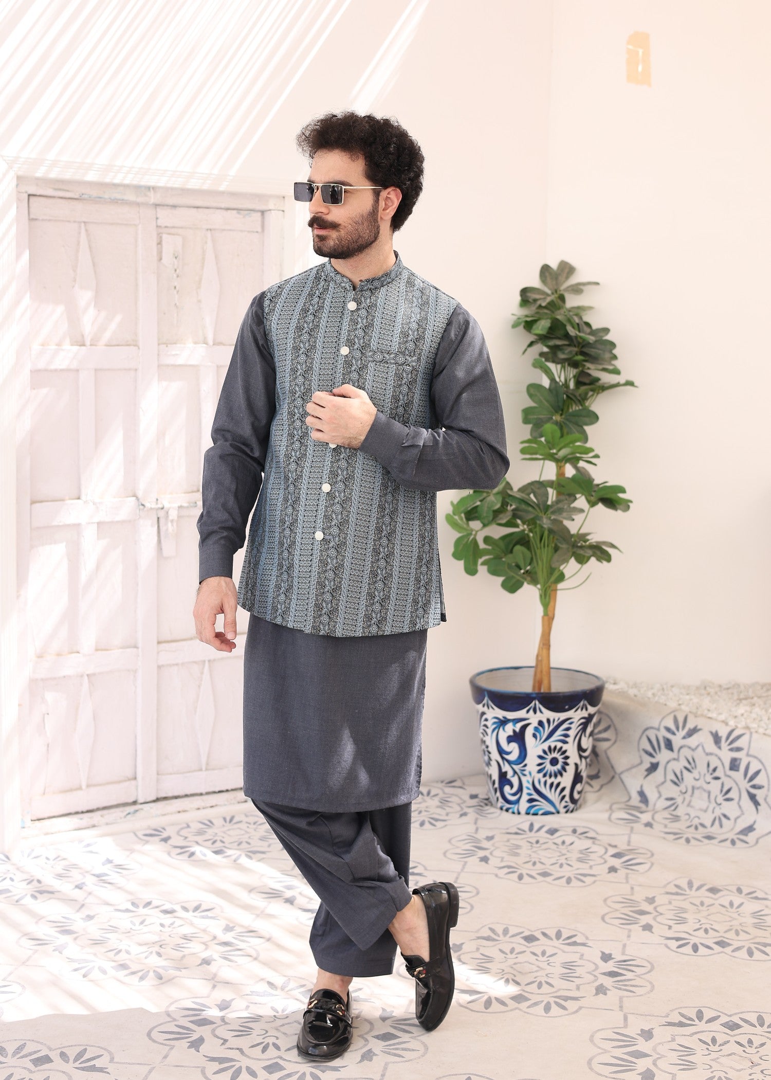 jamawar Waistcoat in Shadow blue