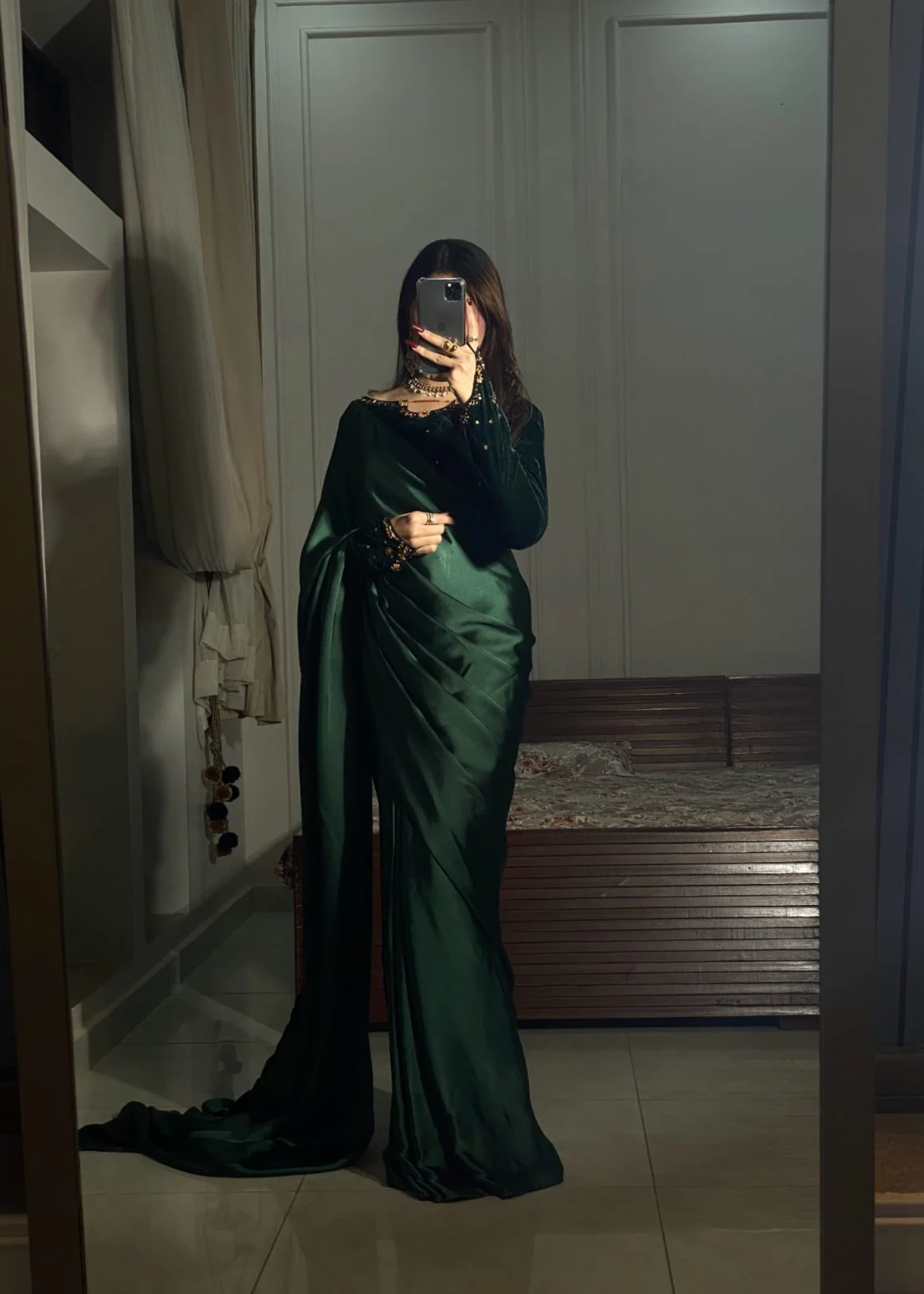 velvet Saree in Bottle green
