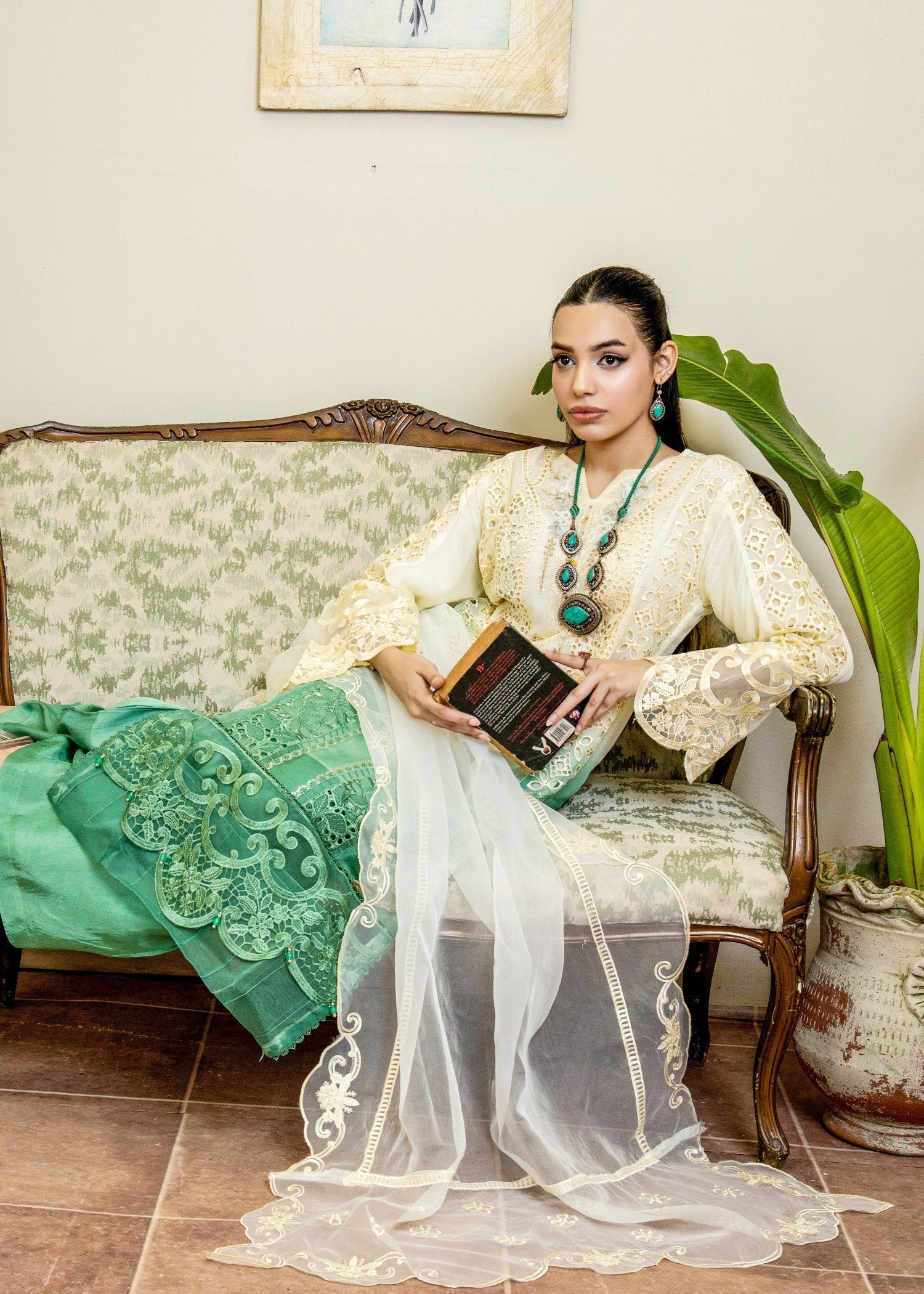 chiffon Kurta Set in Jade green, ivory