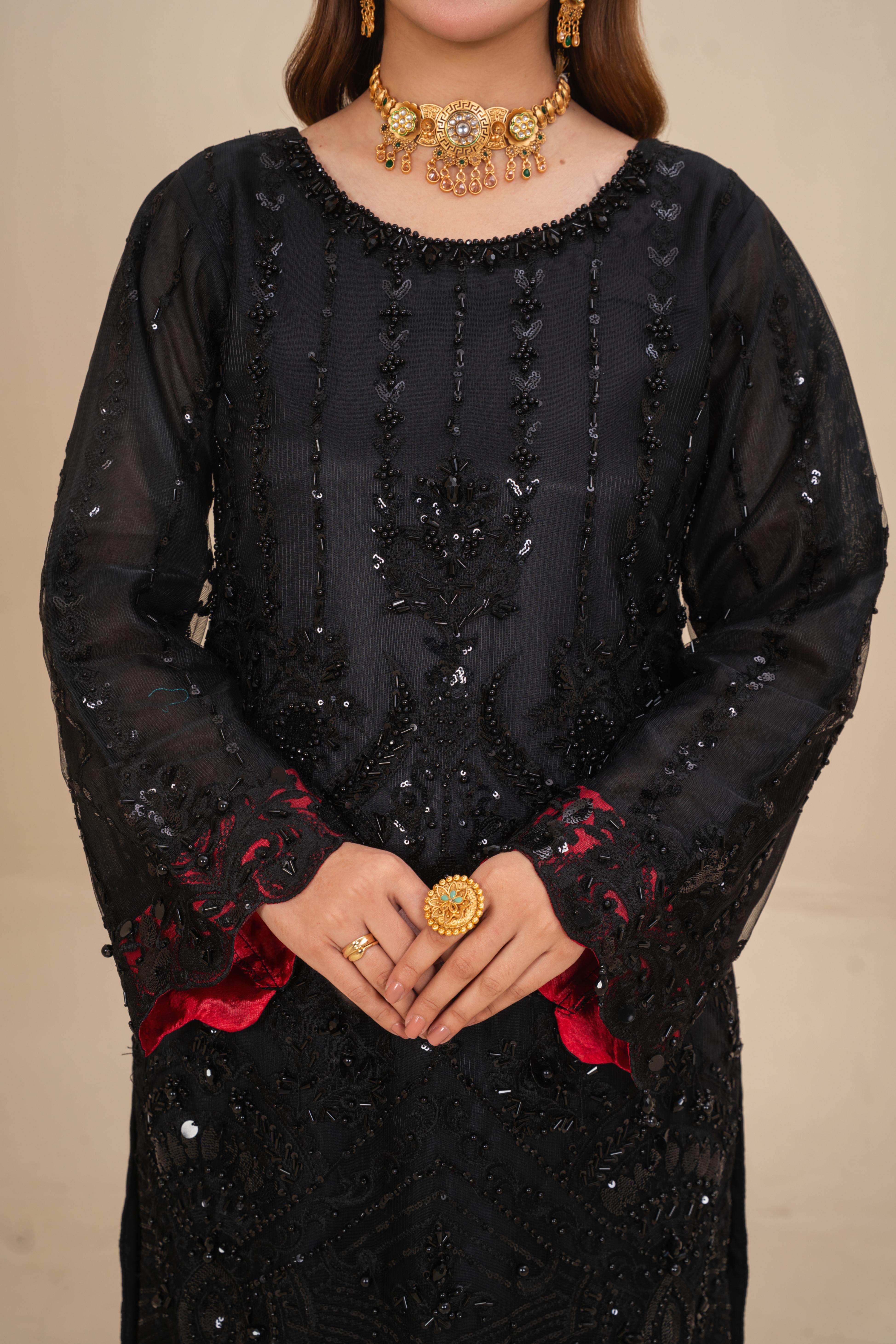 polyester net Kurta Set in Jet black