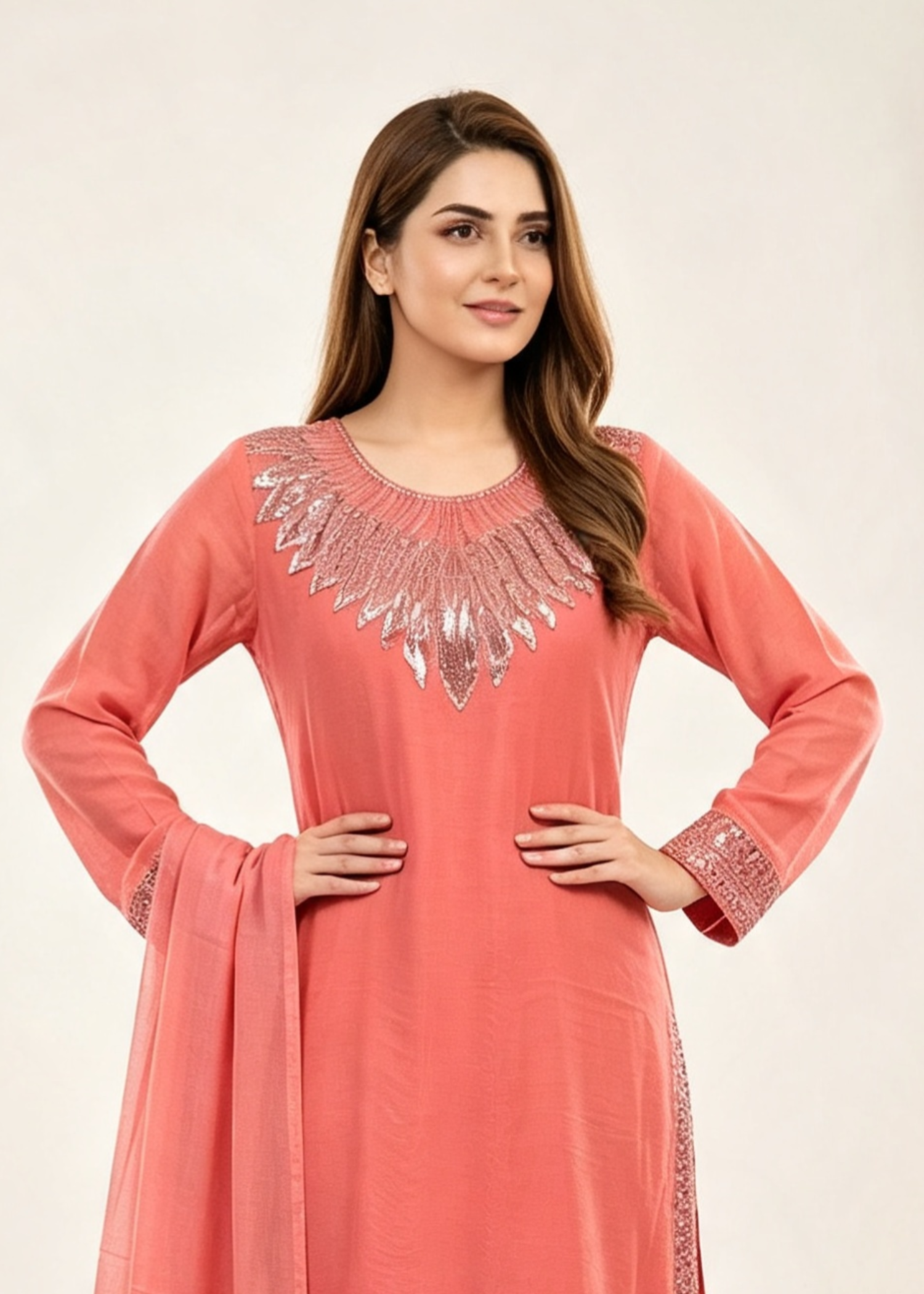 chiffon Kurta Set in Coral pink