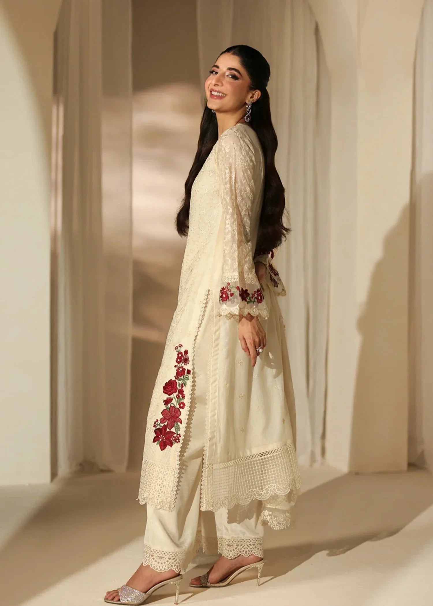 khaddi net Kurta Set in Ivory