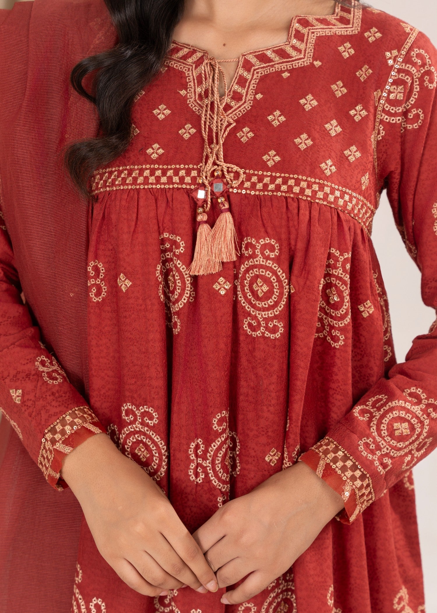 cotton Short Frock in Chili red