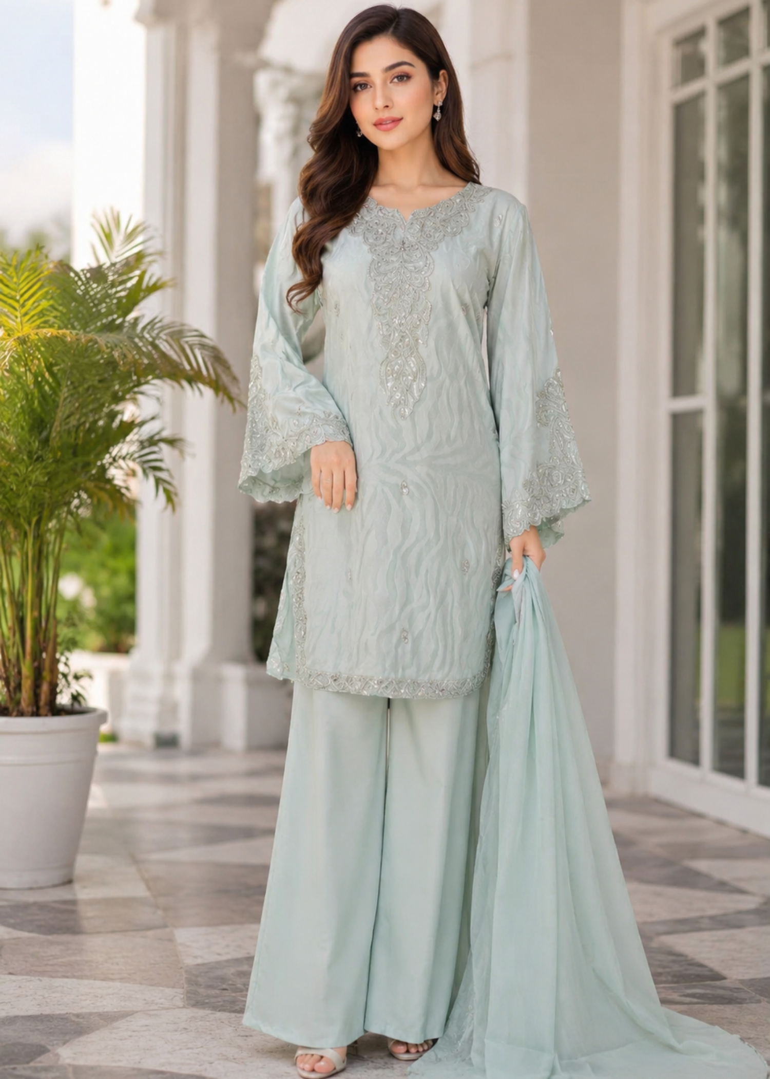 jacquard chiffon Kurta Set in Moss green