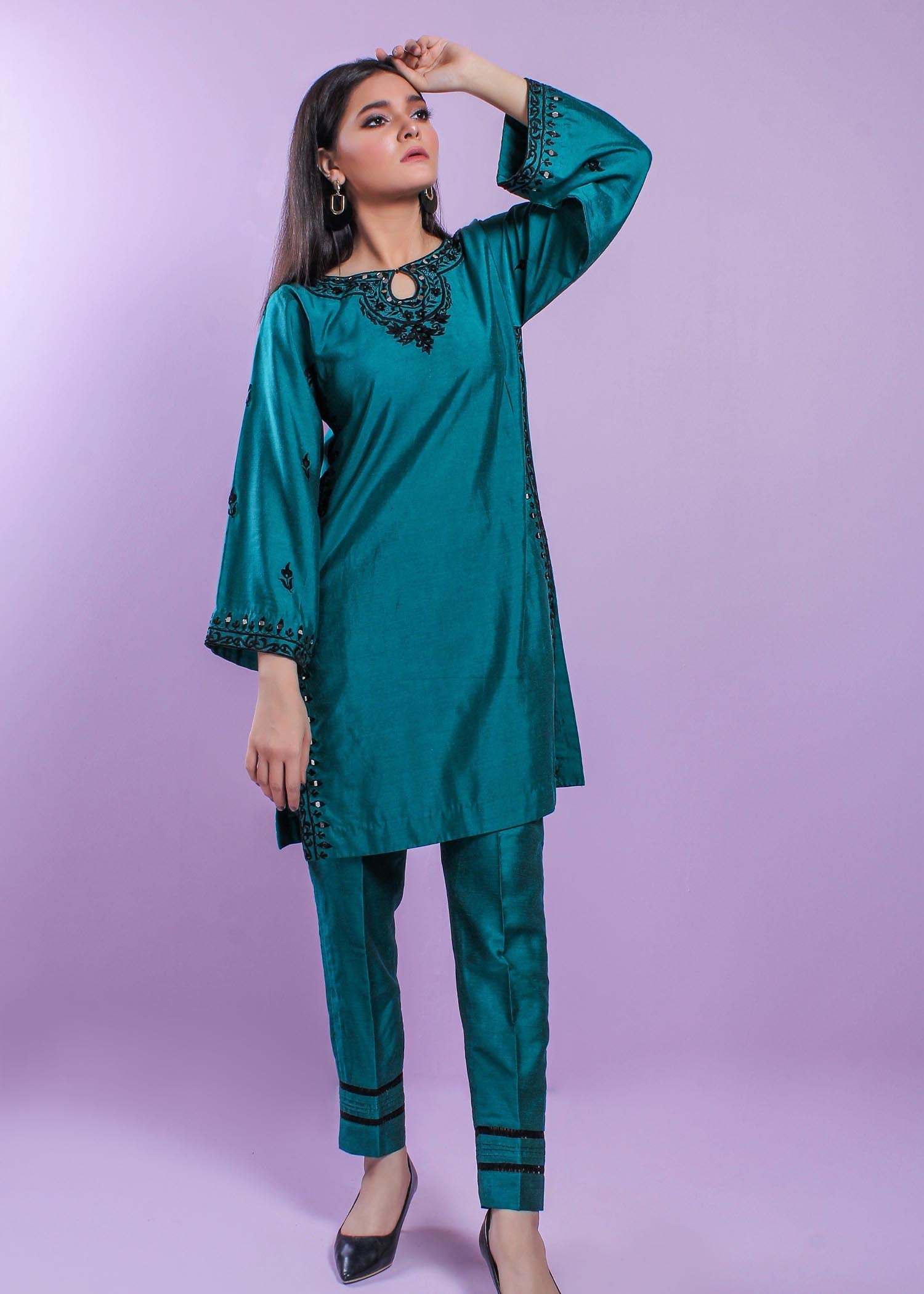 khaddi silk Kurta Set in Teal