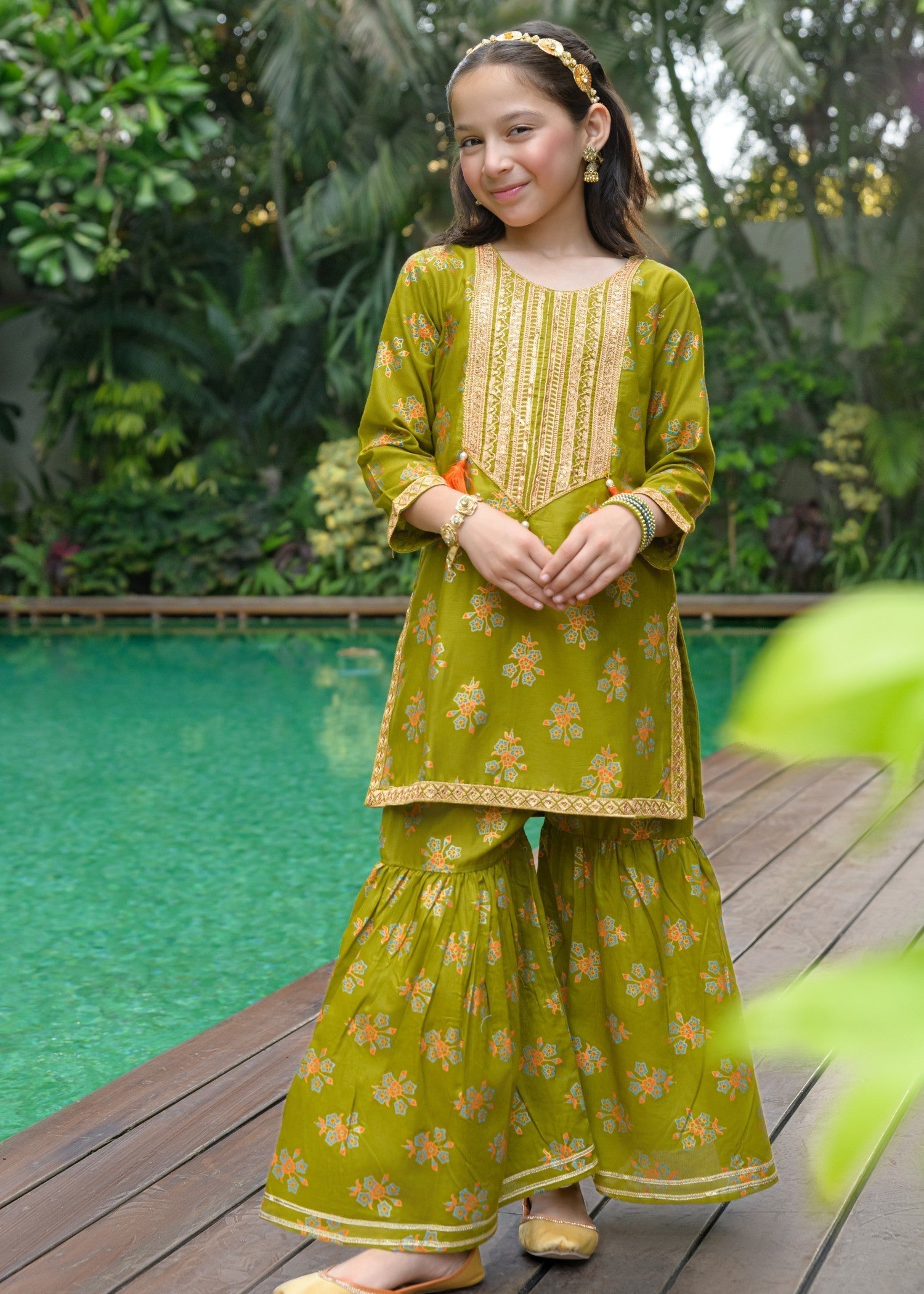 lawn Gharara in Olive green