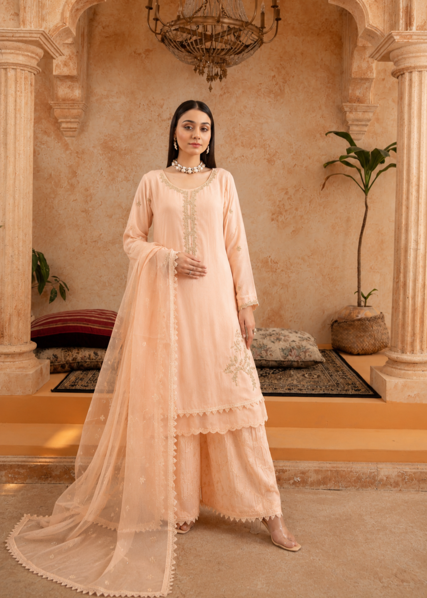 raw silk Kurta Set in Peach orange
