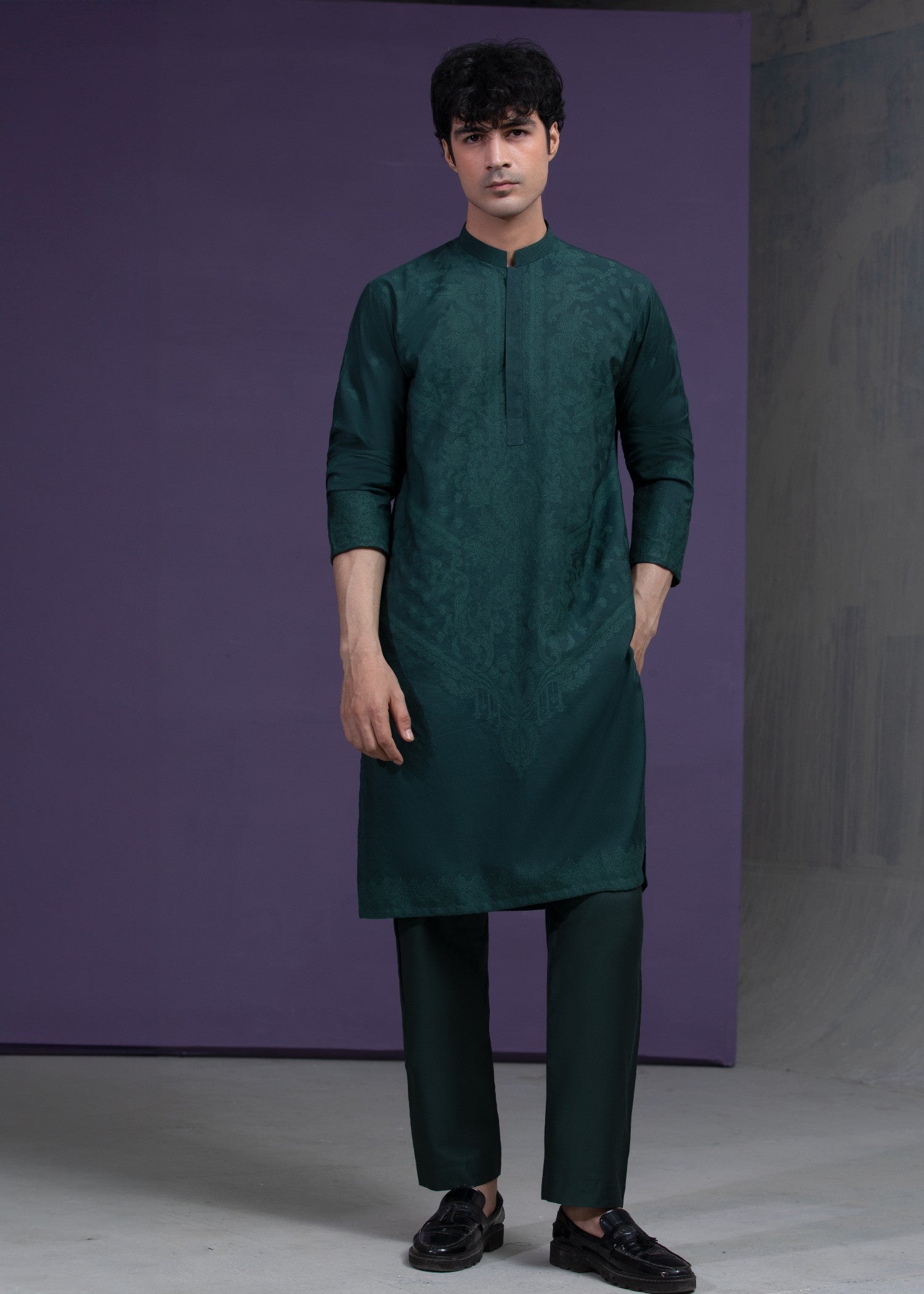 cotton silk Kurta Set in Dark green