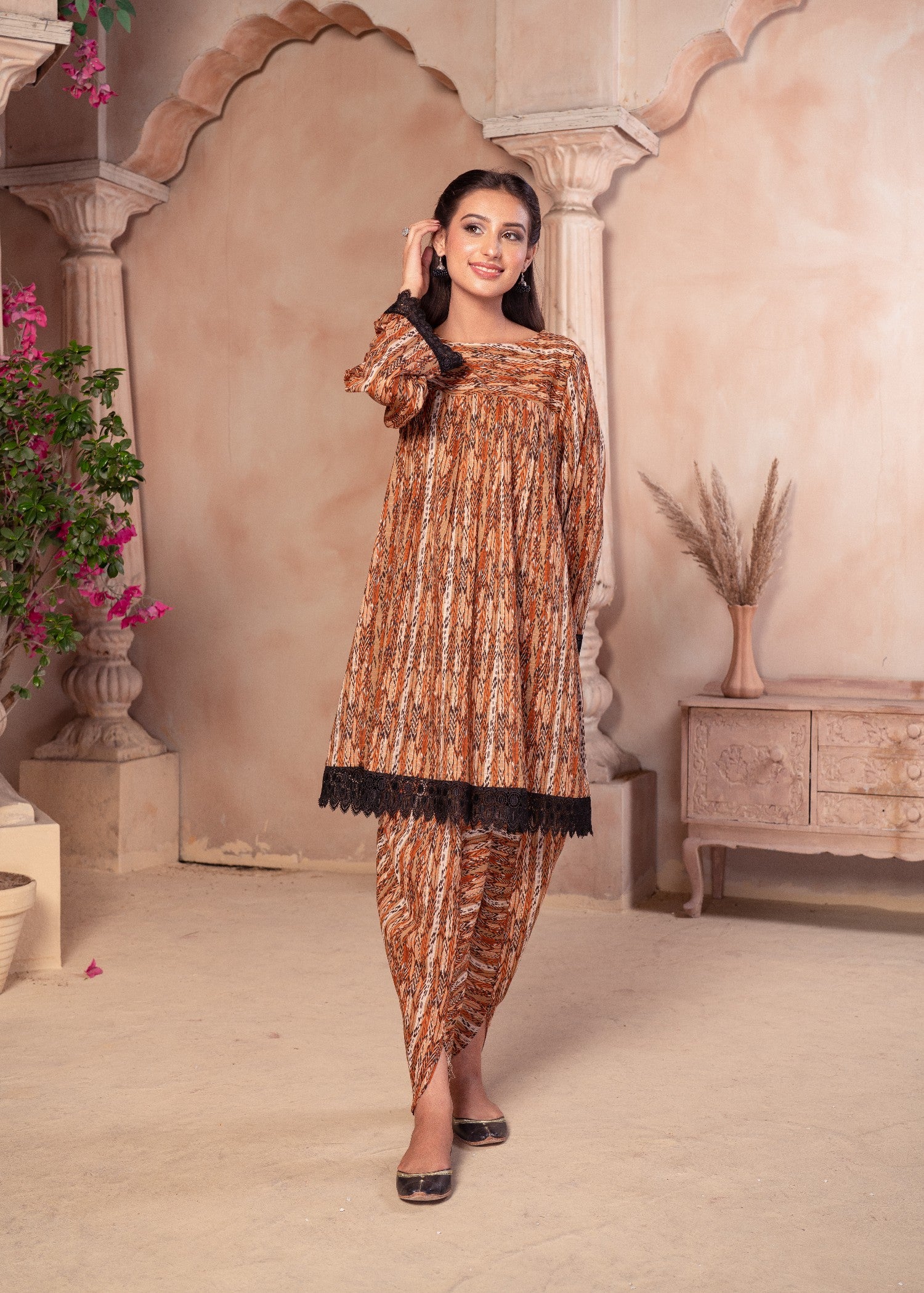 lawn Kurta Set in Brown
