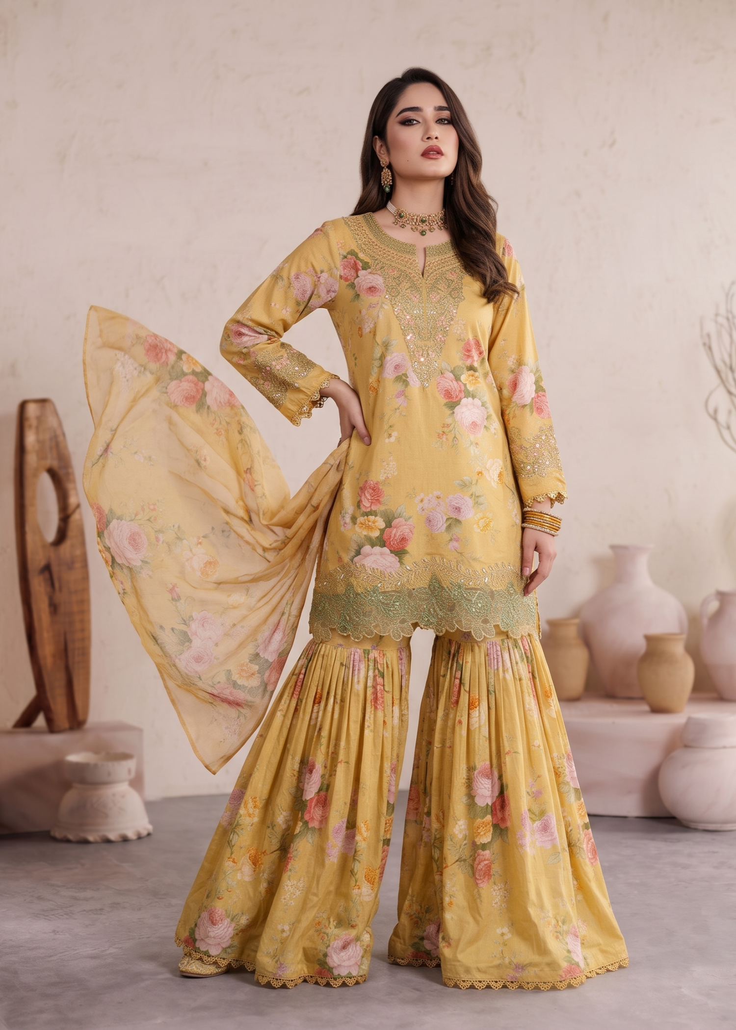lawn Gharara in Yellow