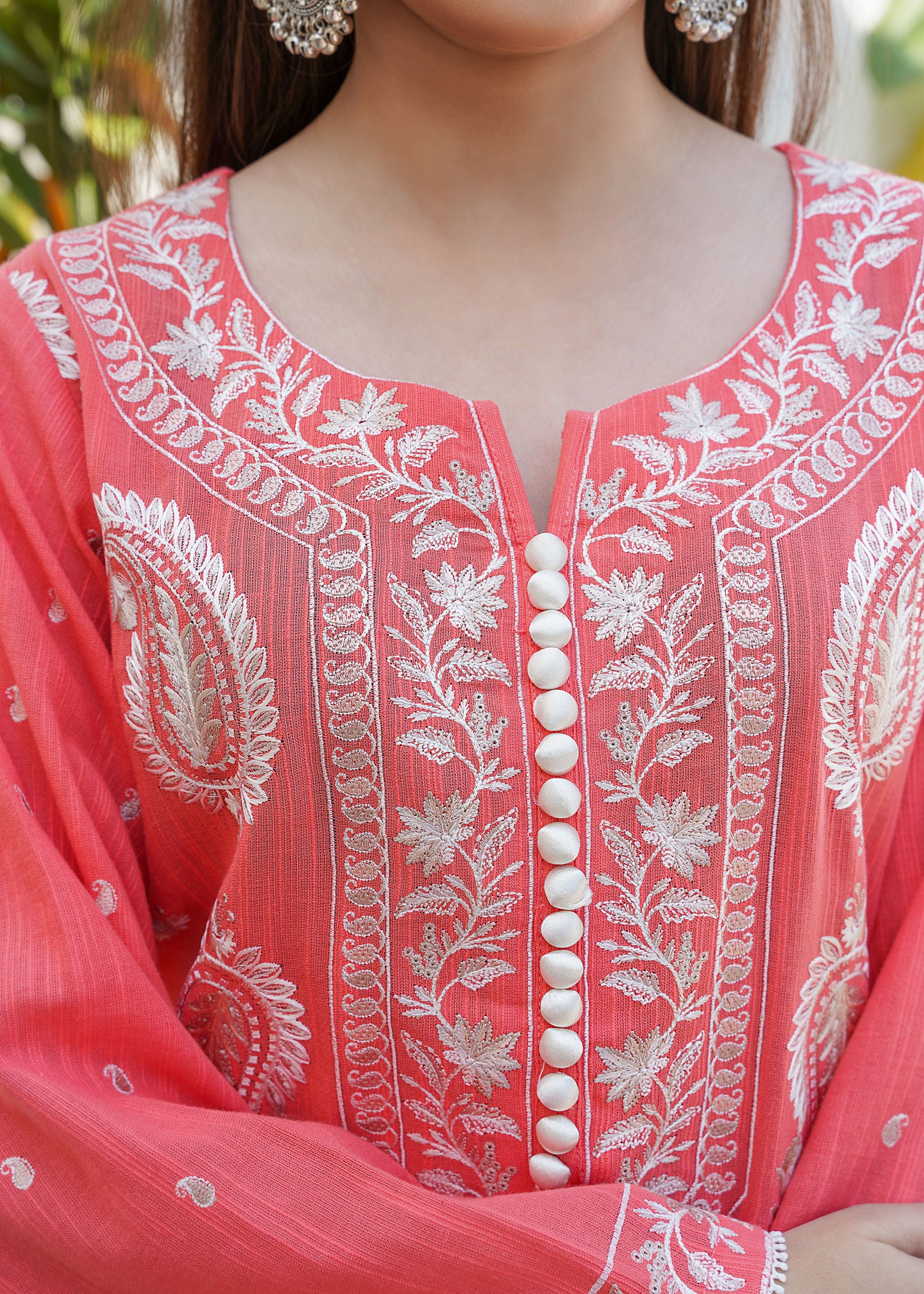 cotton karandi Kurta Set in Coral pink