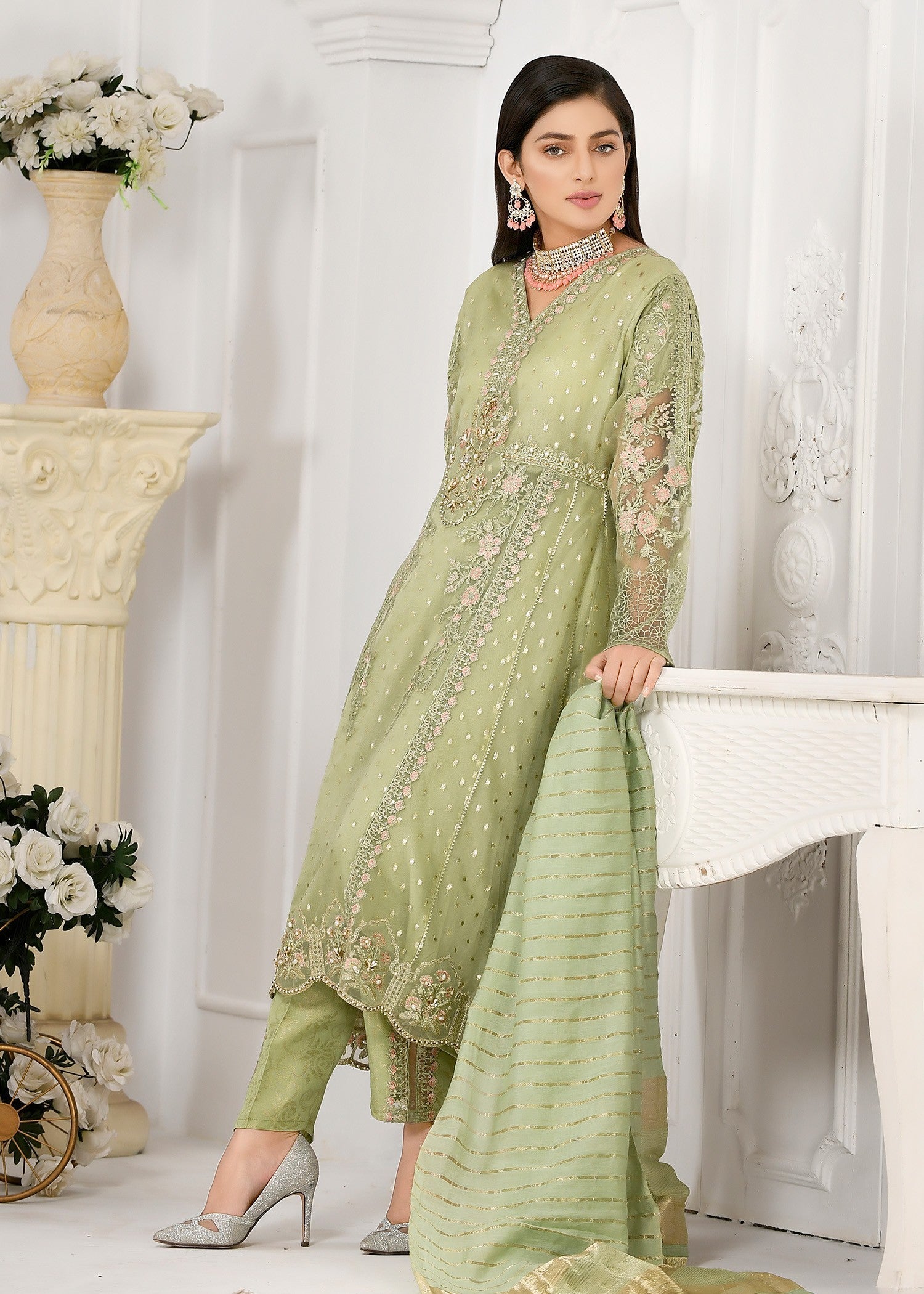 organza Pishwas in Pistachio green