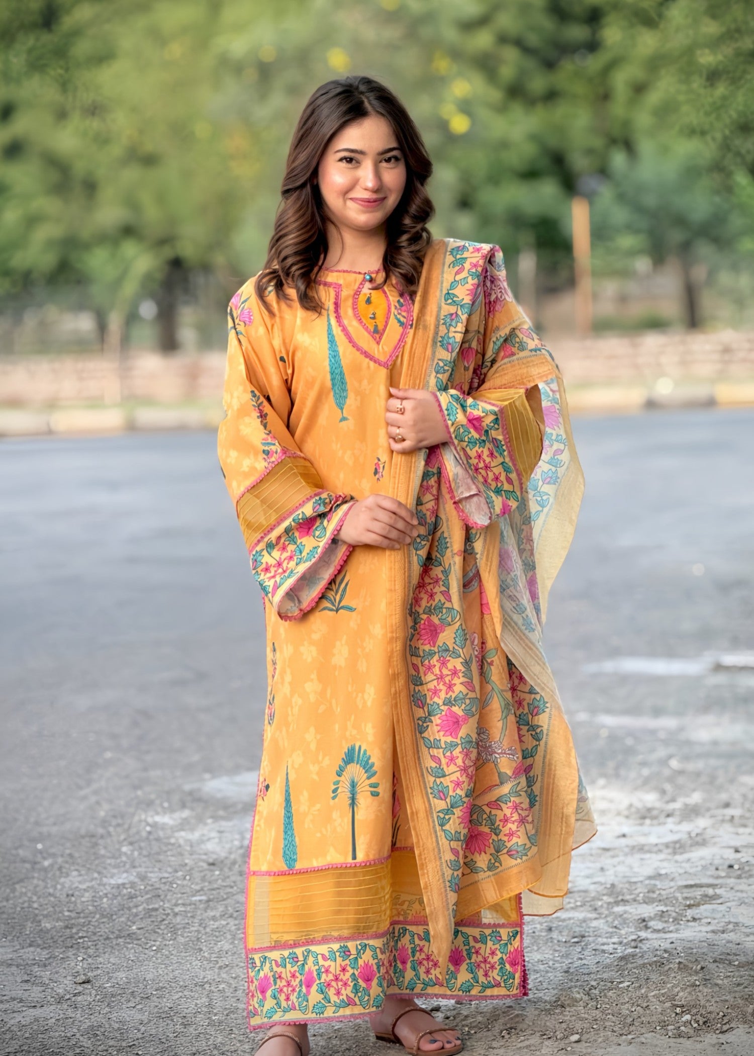 poly lawn Kurta Set in Multi, mellow yellow
