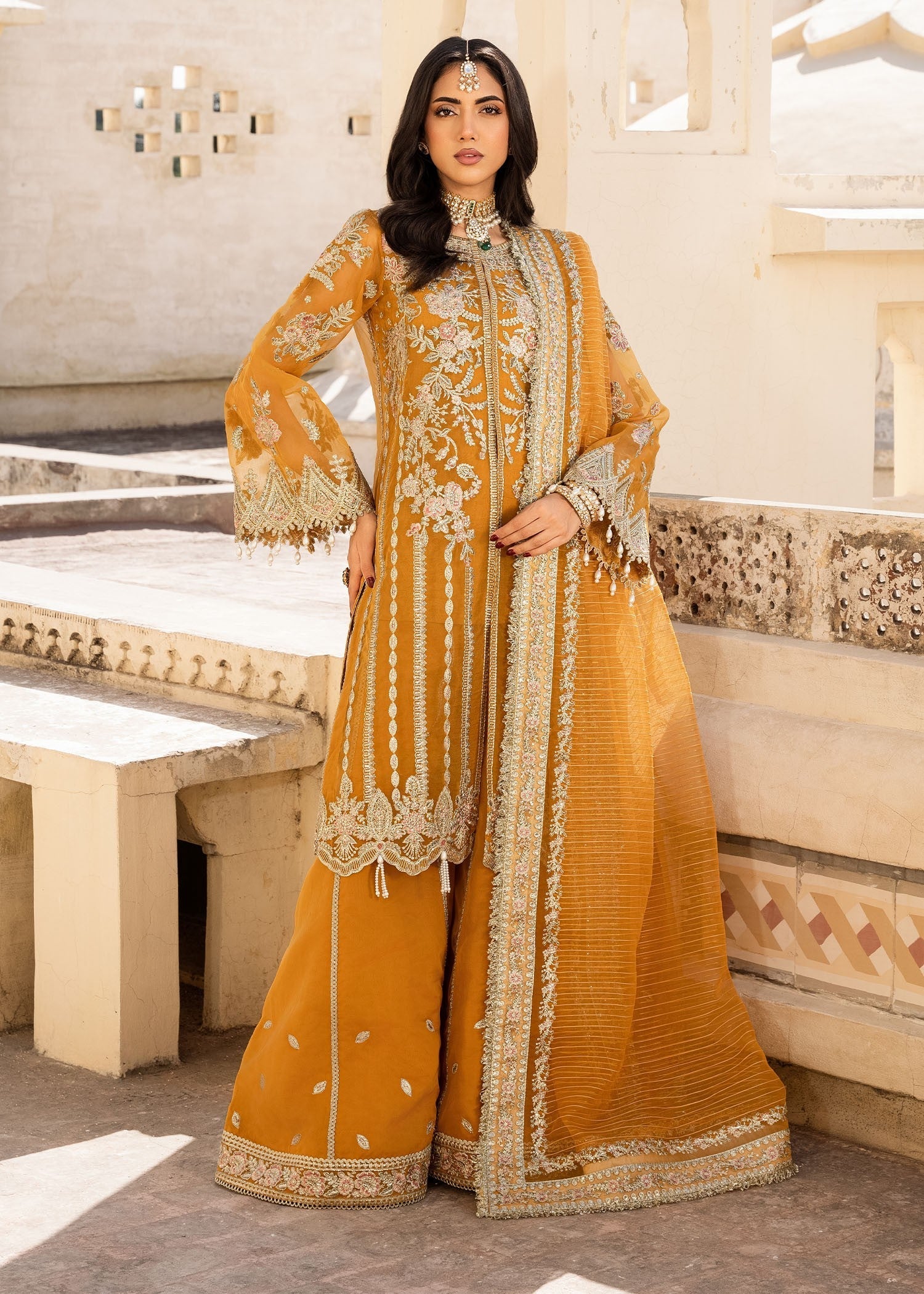 organza Sharara in Mustard