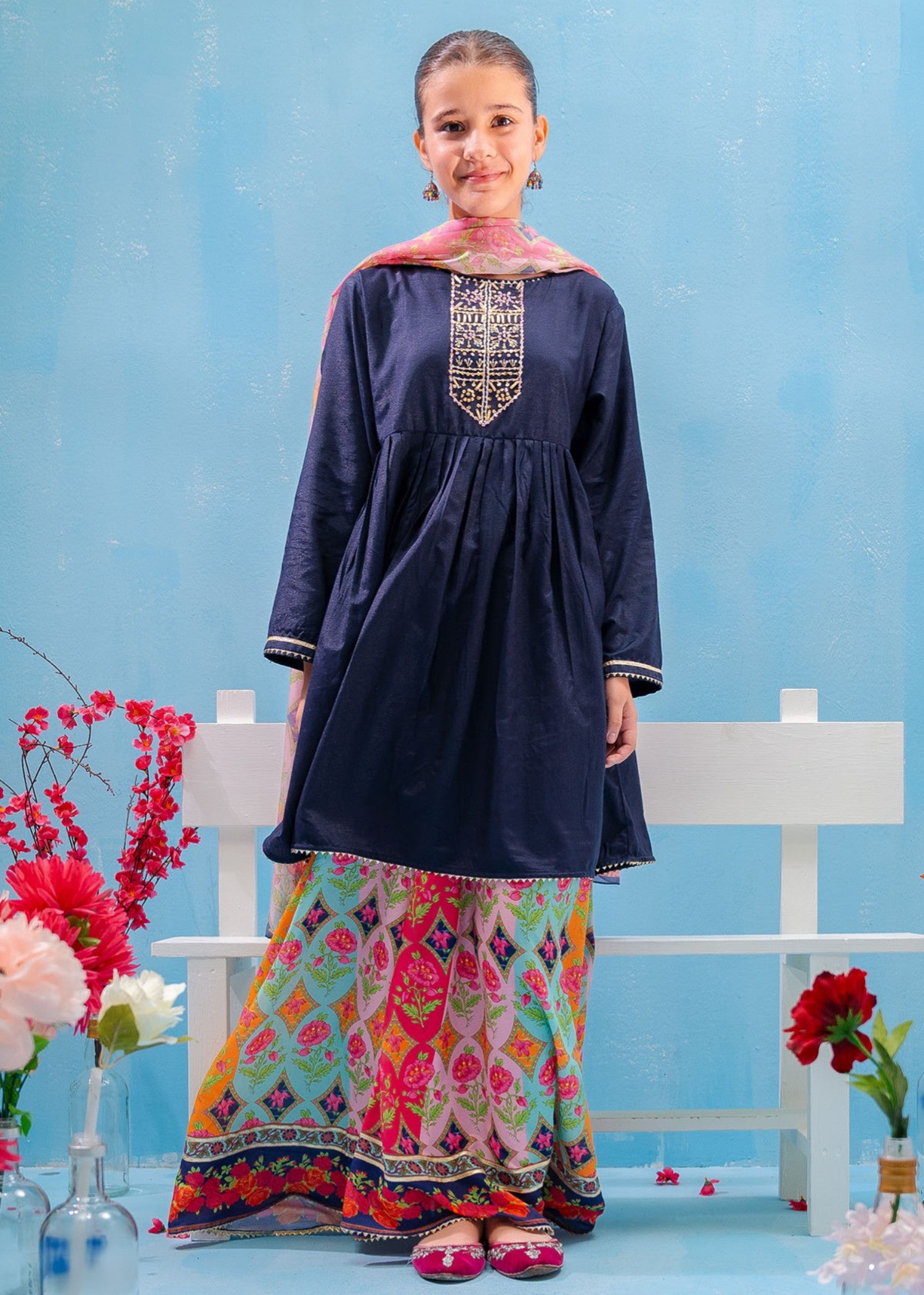 lawn Short Frock in Navy blue