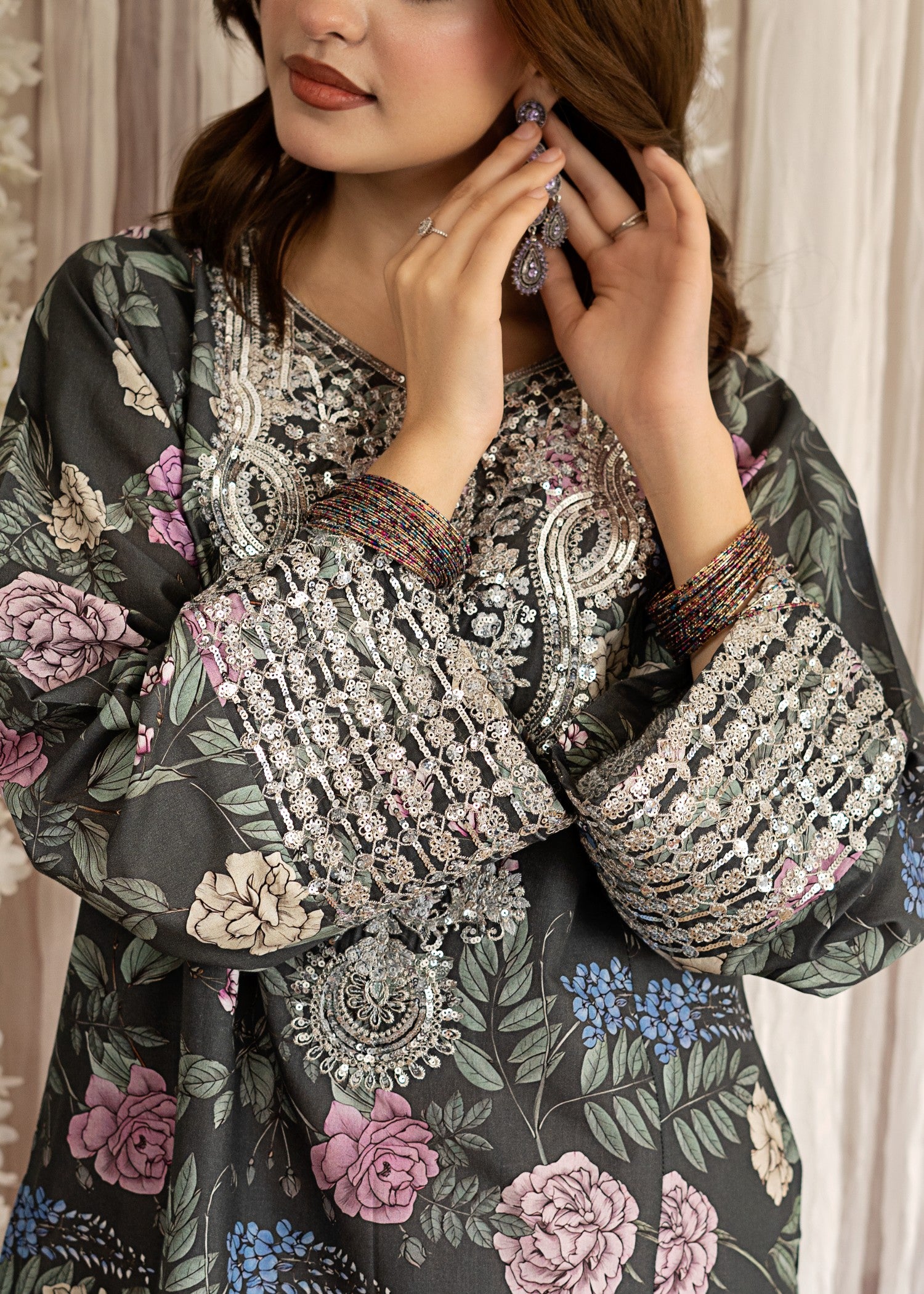 lawn Kurta Set in Charcoal black