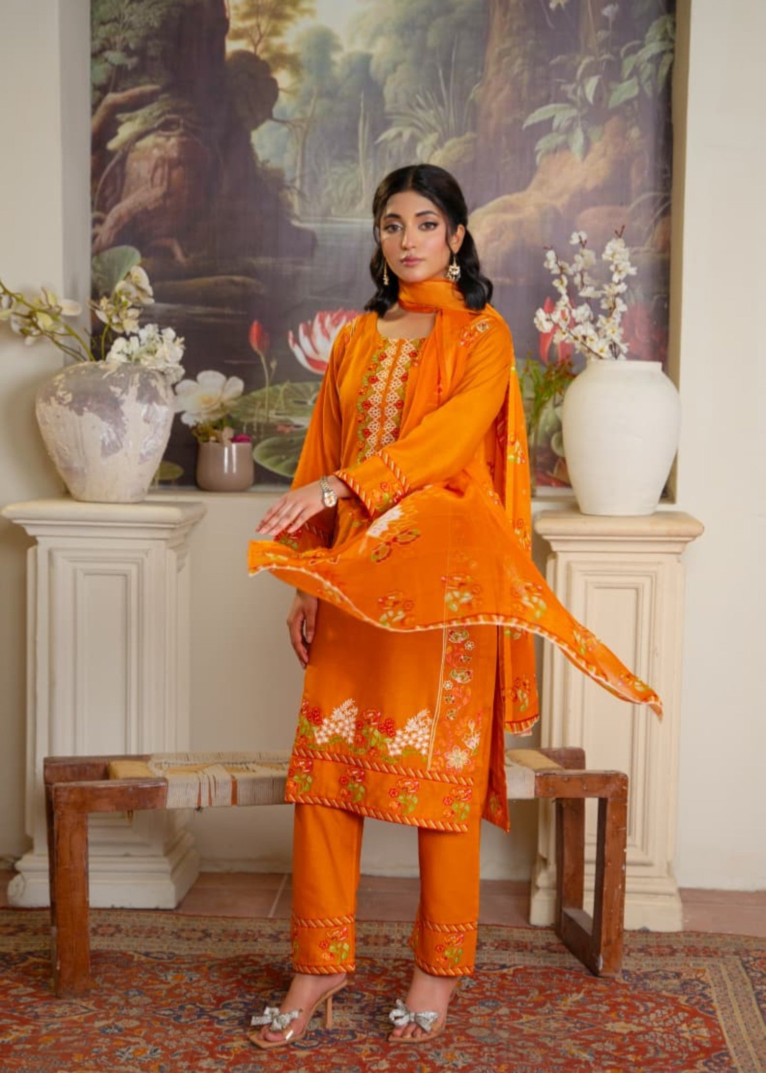 lawn cotton Kurta Set in Tiger orange