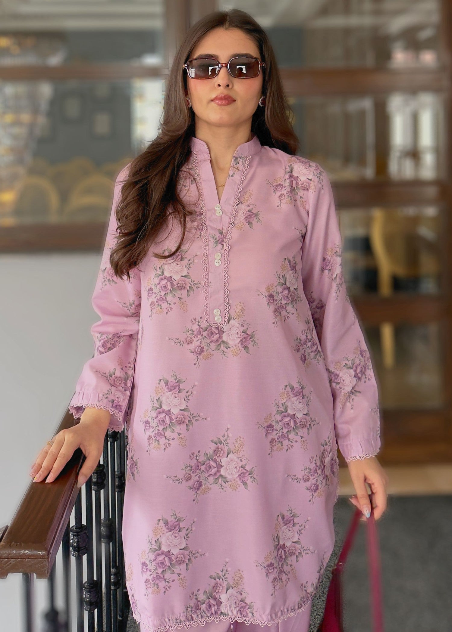 silk finish lawn Kurta Set in Mauve pink