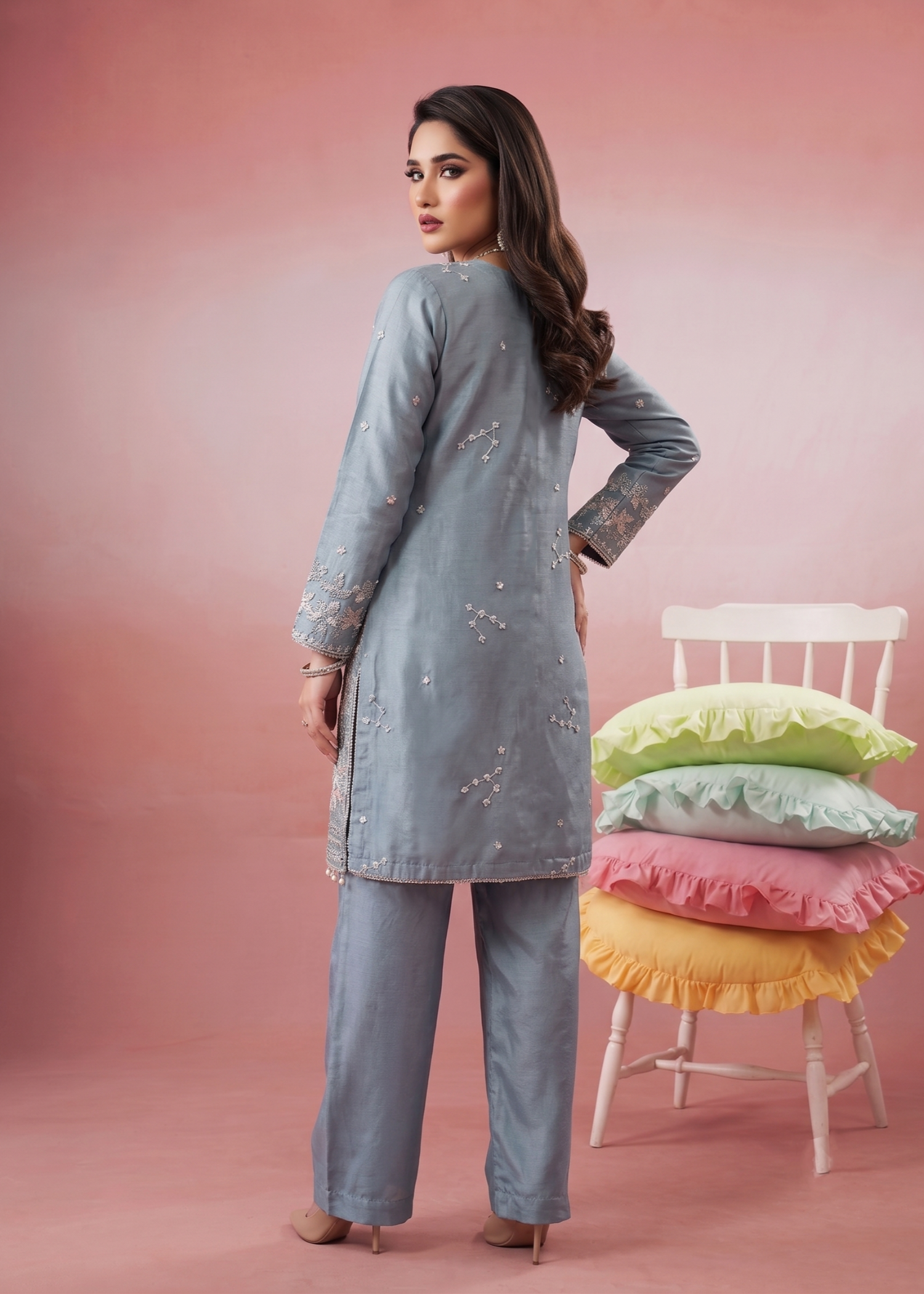 organza Kurta Set in Duck egg grey