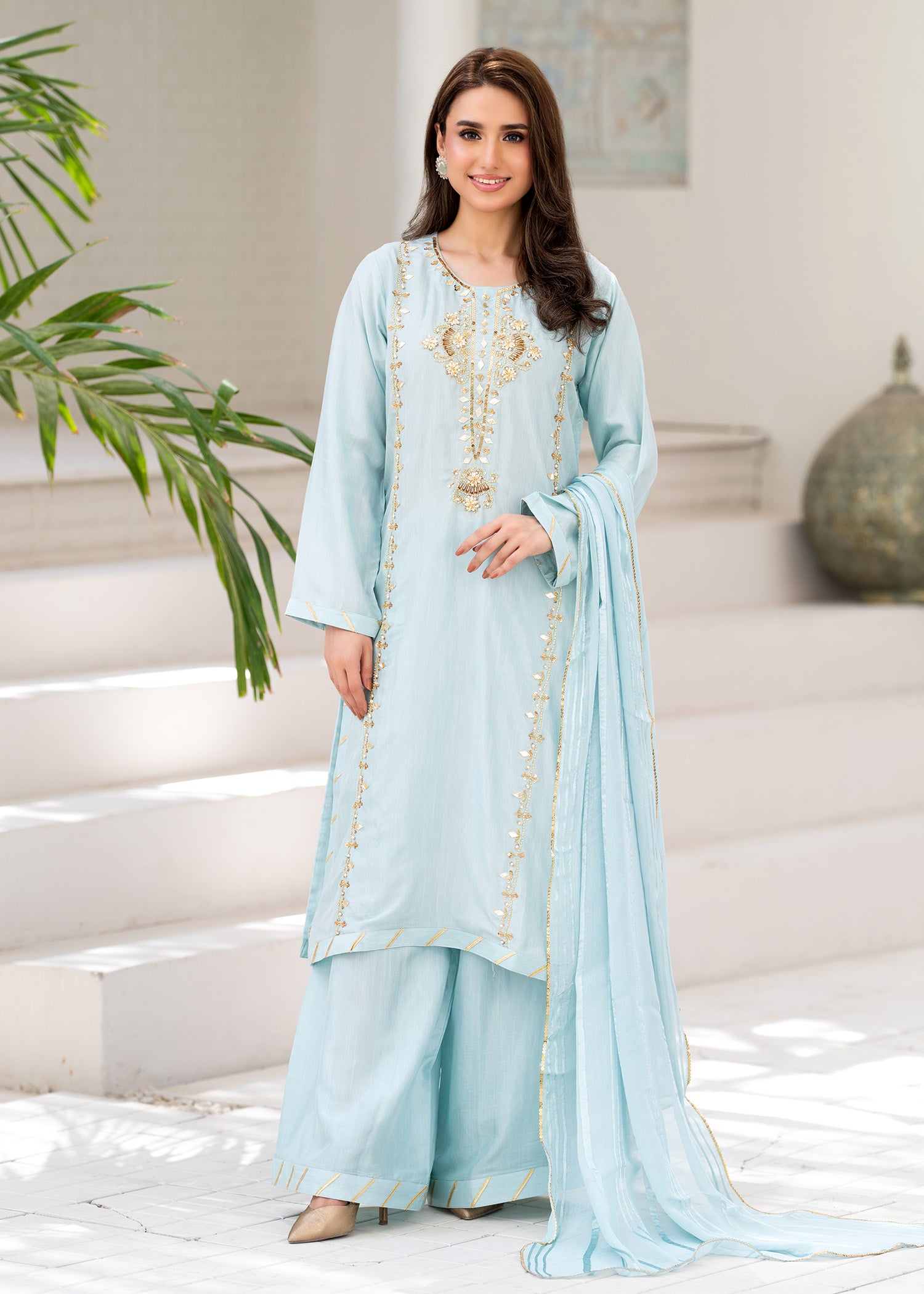 blended grip silk Kurta Set in Aquamarine