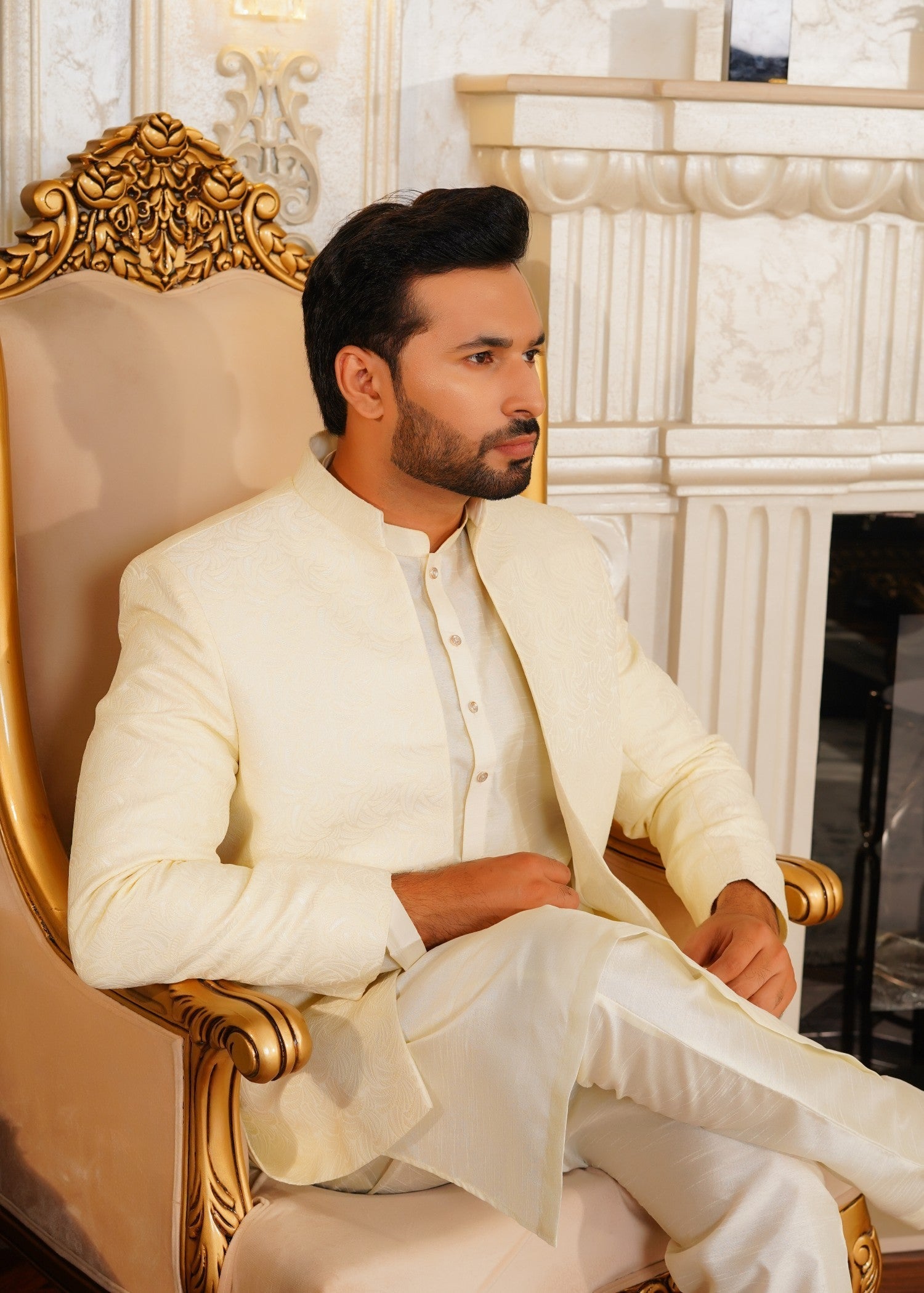traditional jamawar Prince Coat in Cream