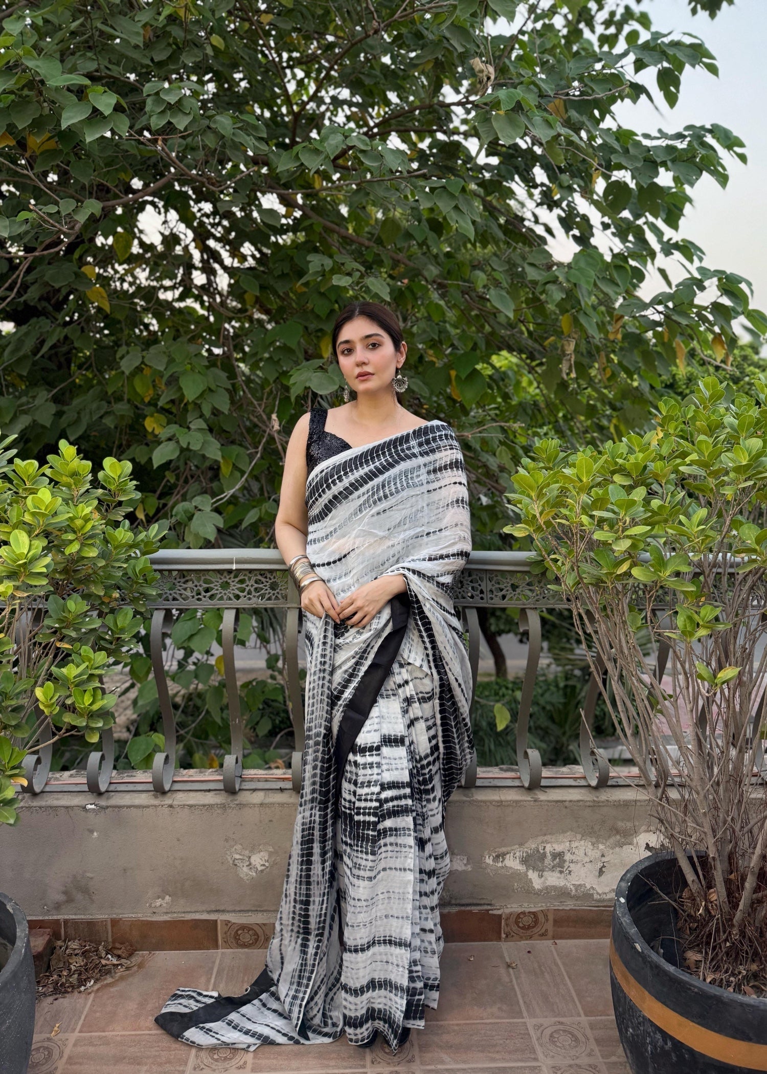 net Saree in White, black