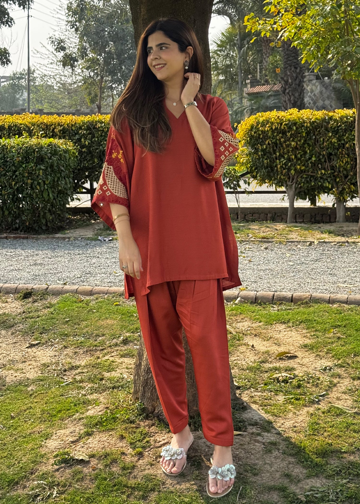 cotton karandi Kurta Set in Rust orange