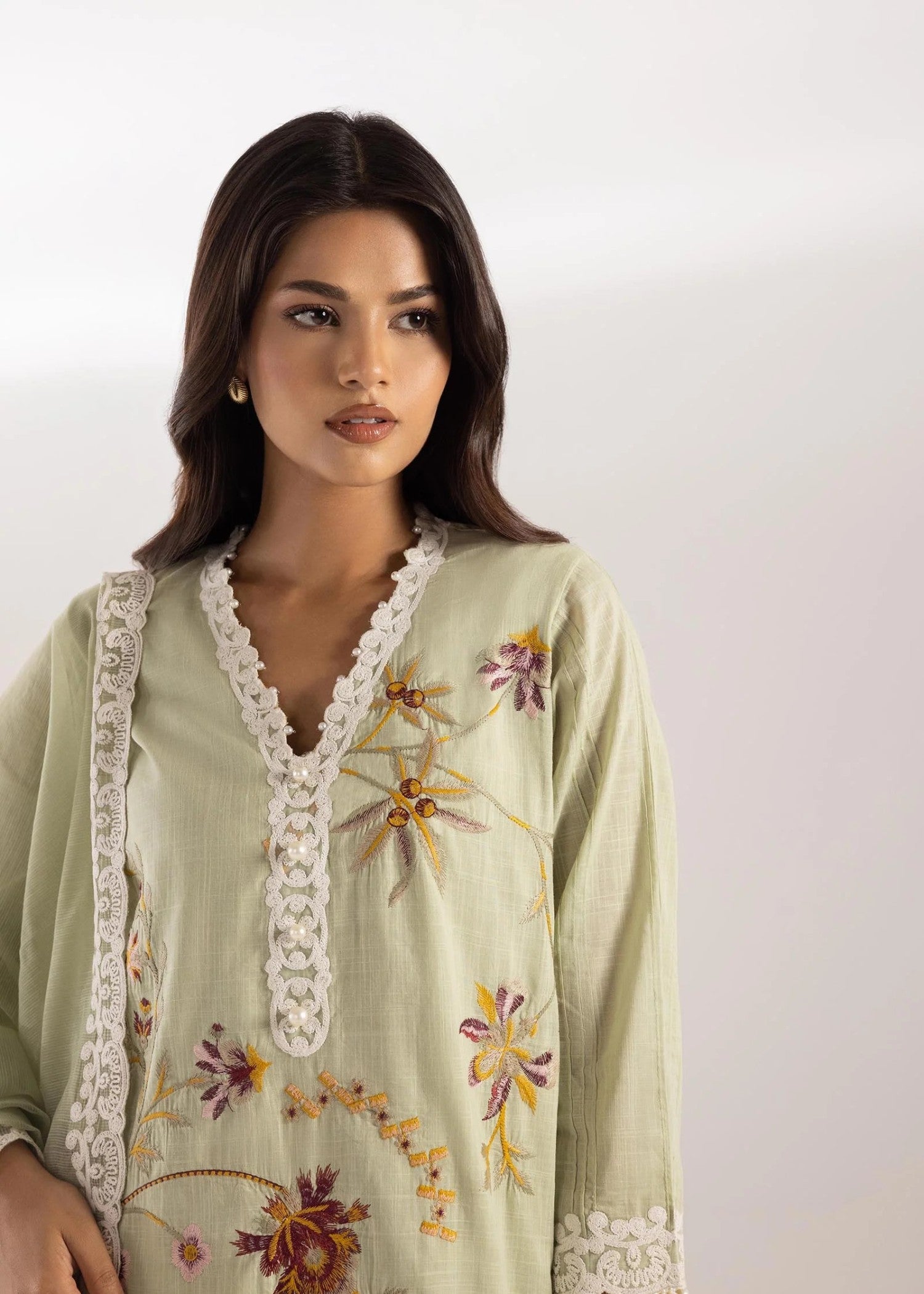 slub lawn Kurta Set in Pastel green