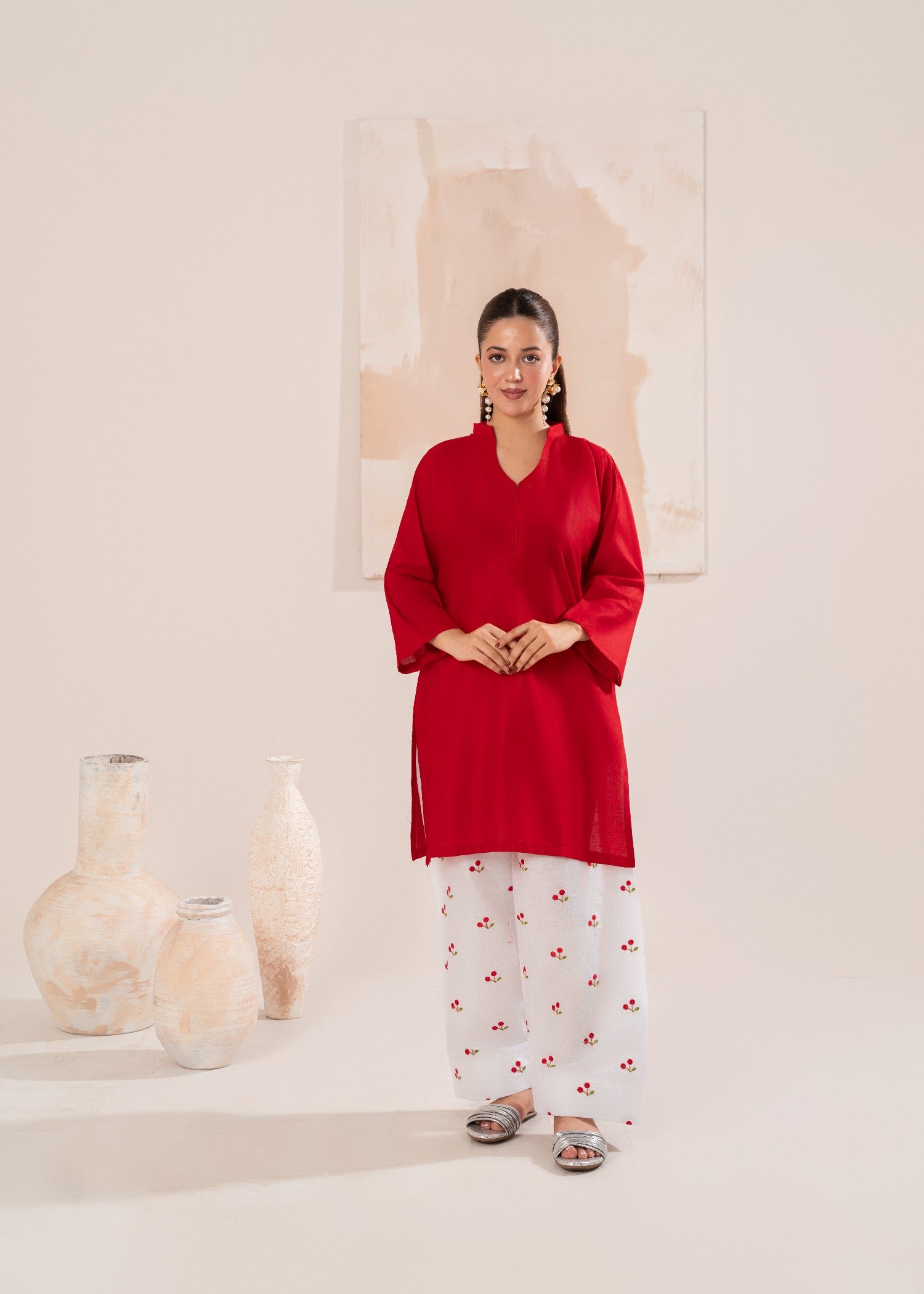 cotton Kurta Set in White, red
