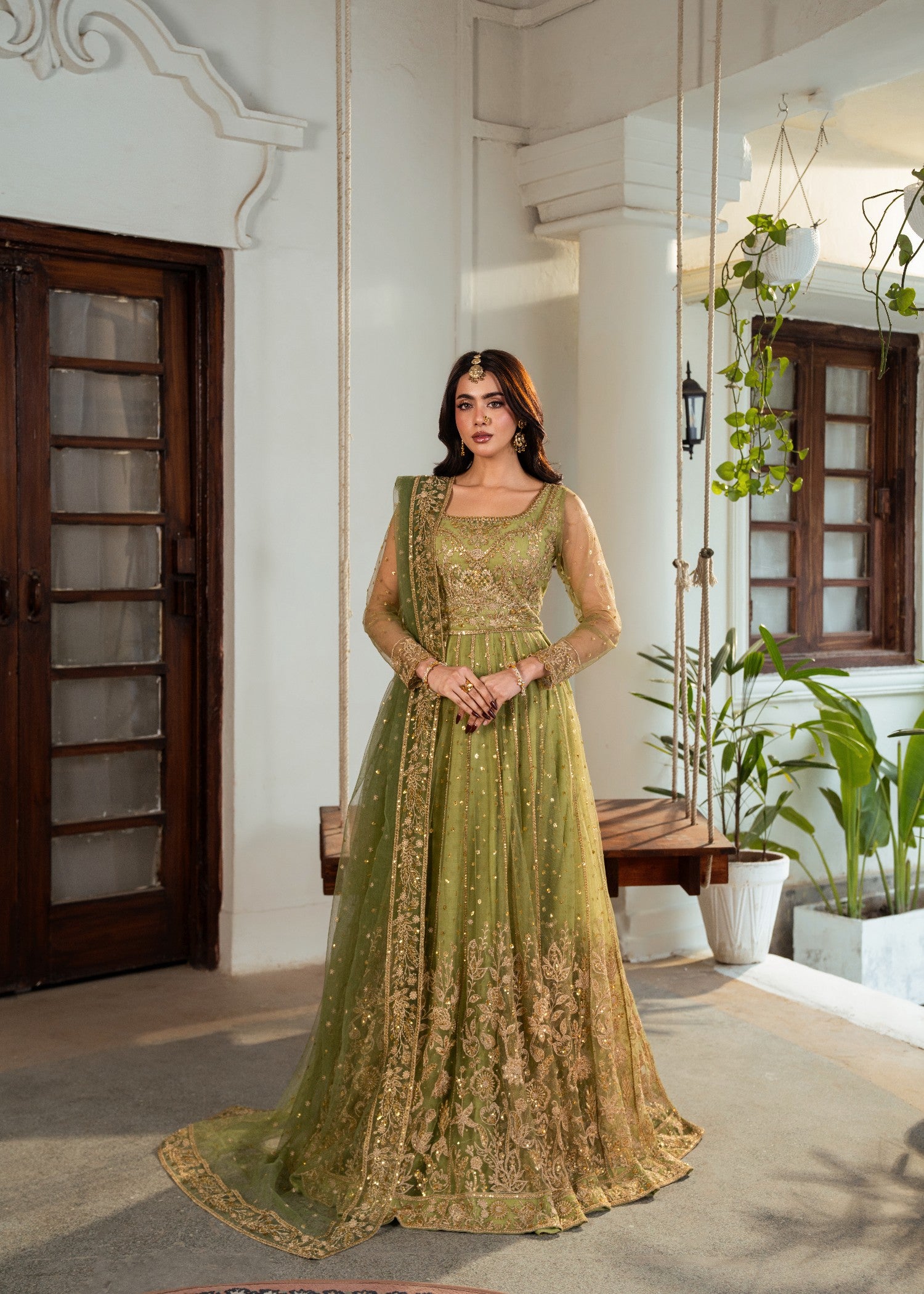 net Lehenga in Olive green