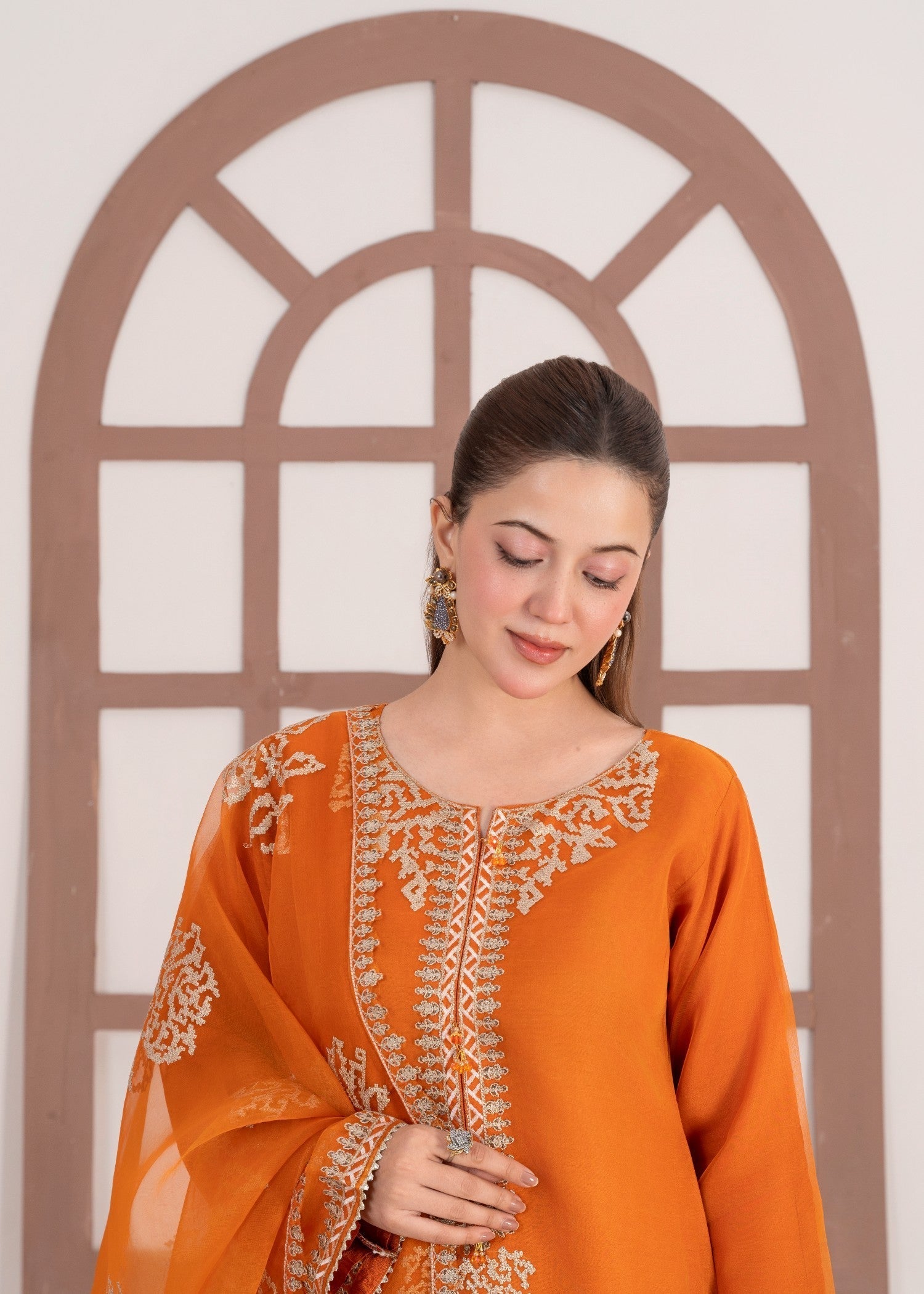 organza Kurta Set in Pumpkin orange