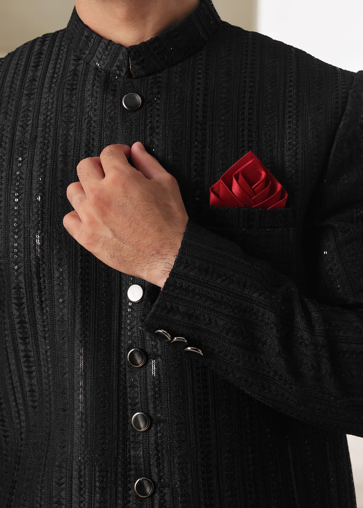 raw silk Sherwani in Black