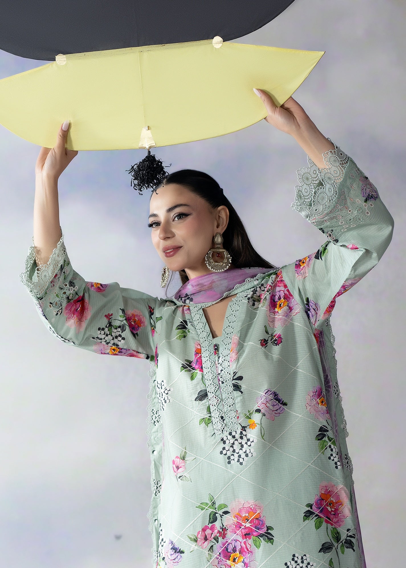 ribbed lawn Kurta Set in Tea green