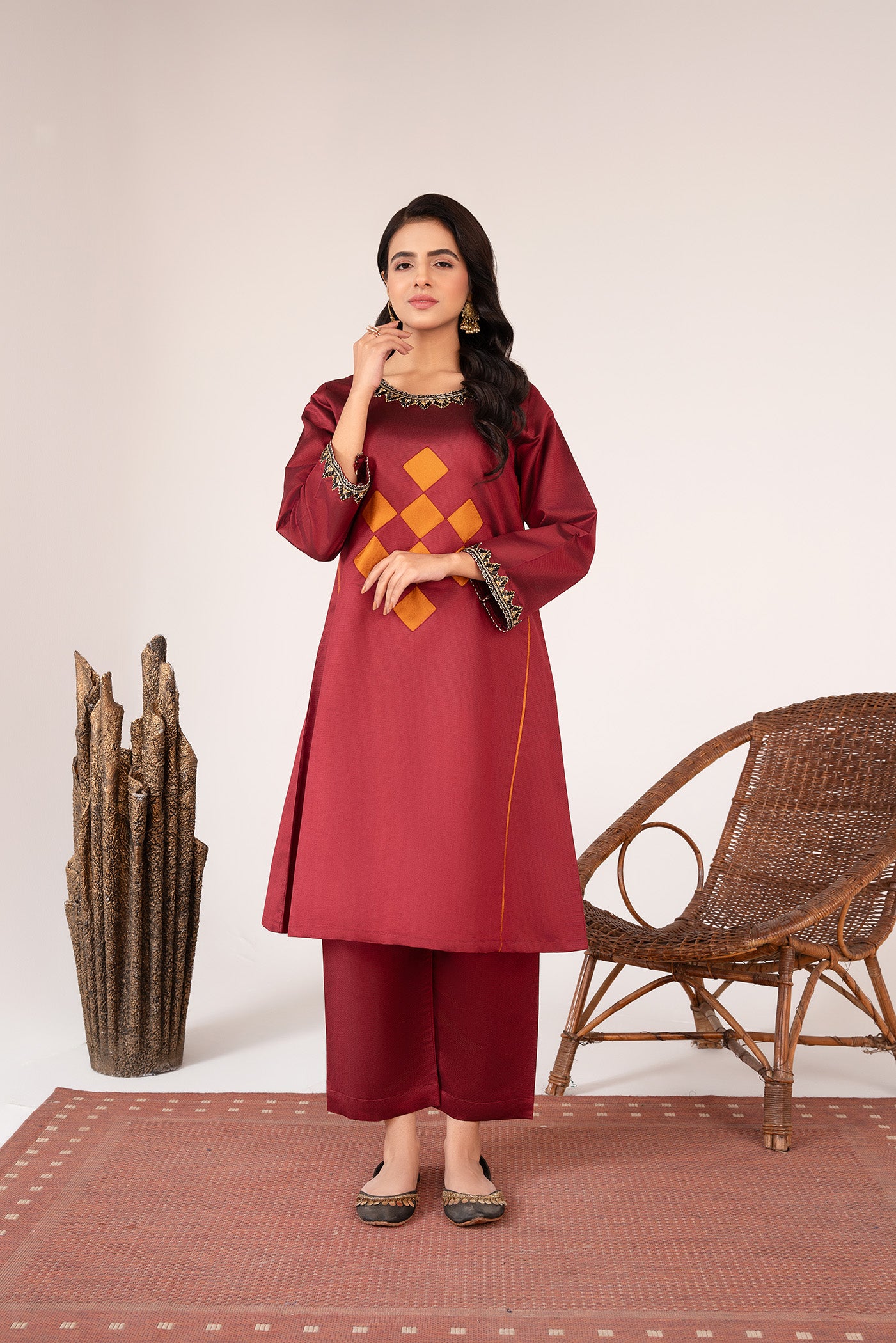 khaddi net Short Frock in Maroon