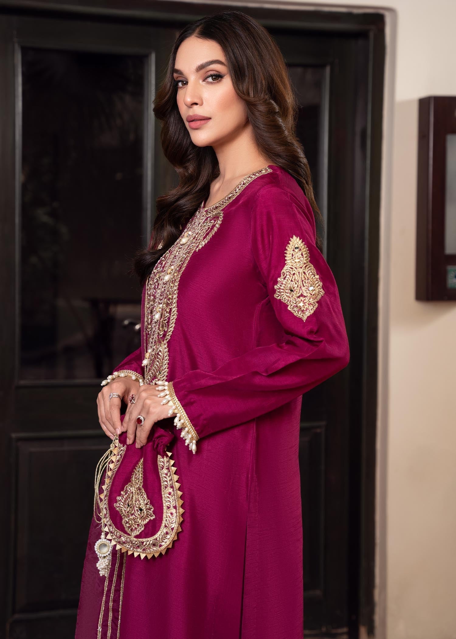 khaddi silk Kurta Set in Magenta