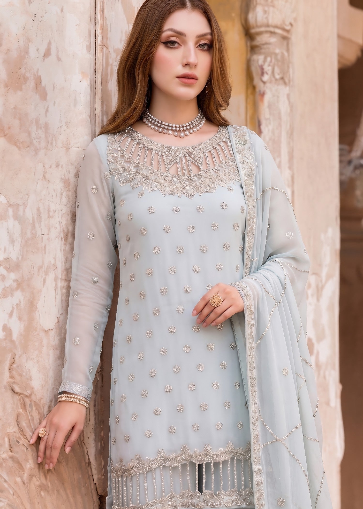 bemberg crinkle chiffon Gharara in Light blue