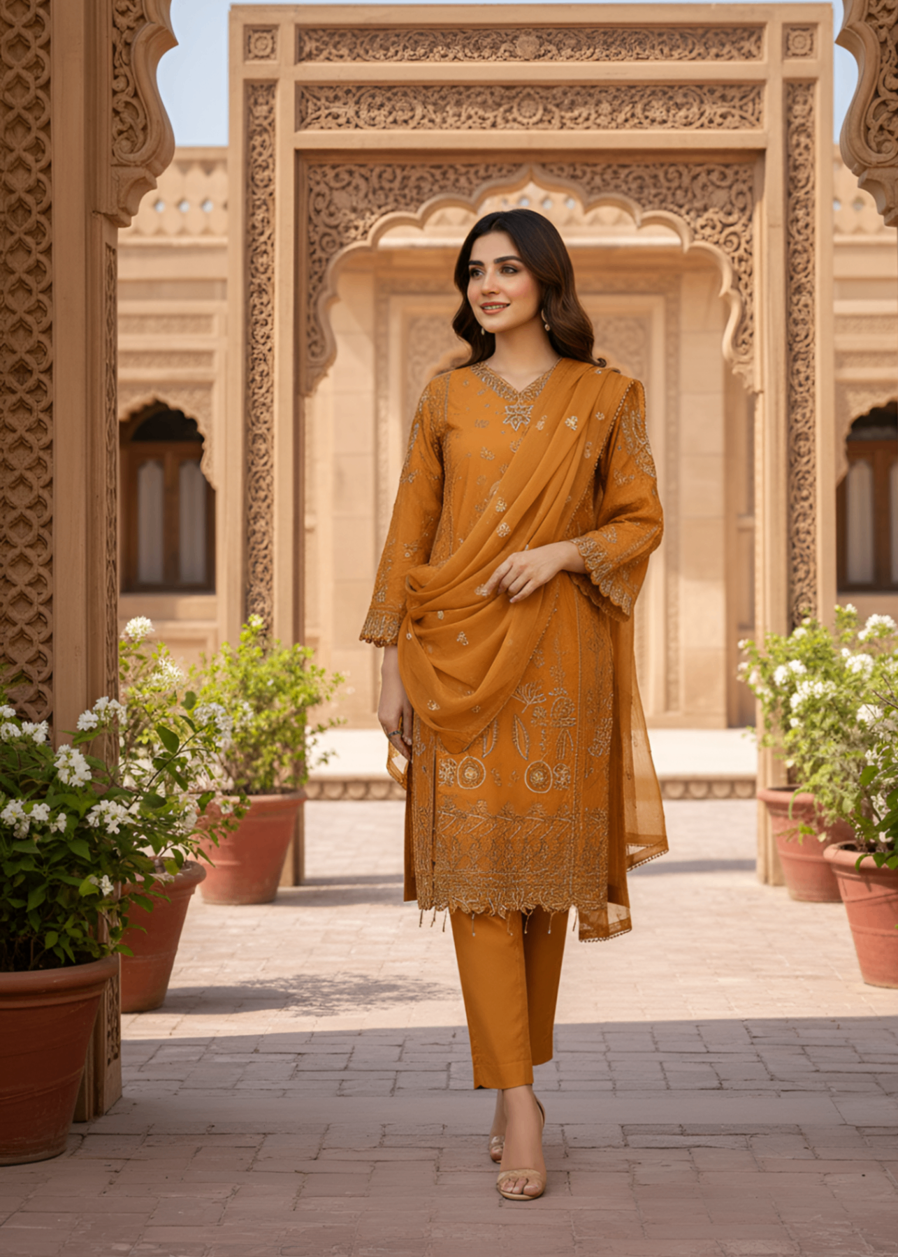 chiffon Kurta Set in Golden orange