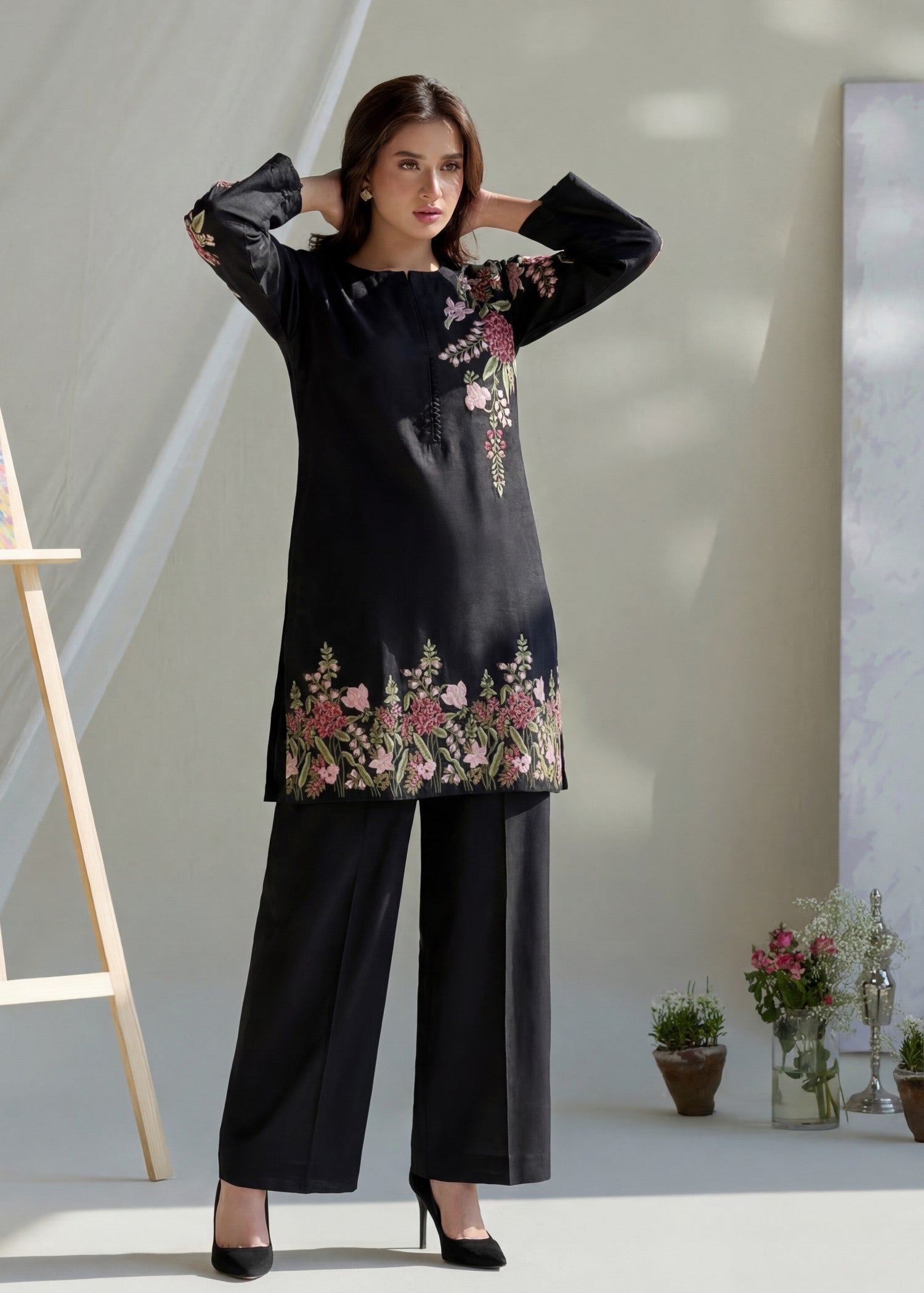 textured lawn Kurta Set in Black