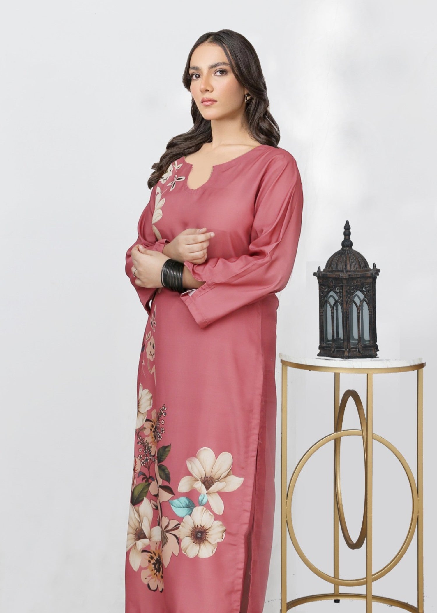 poly lawn Kurta Set in Melon pink